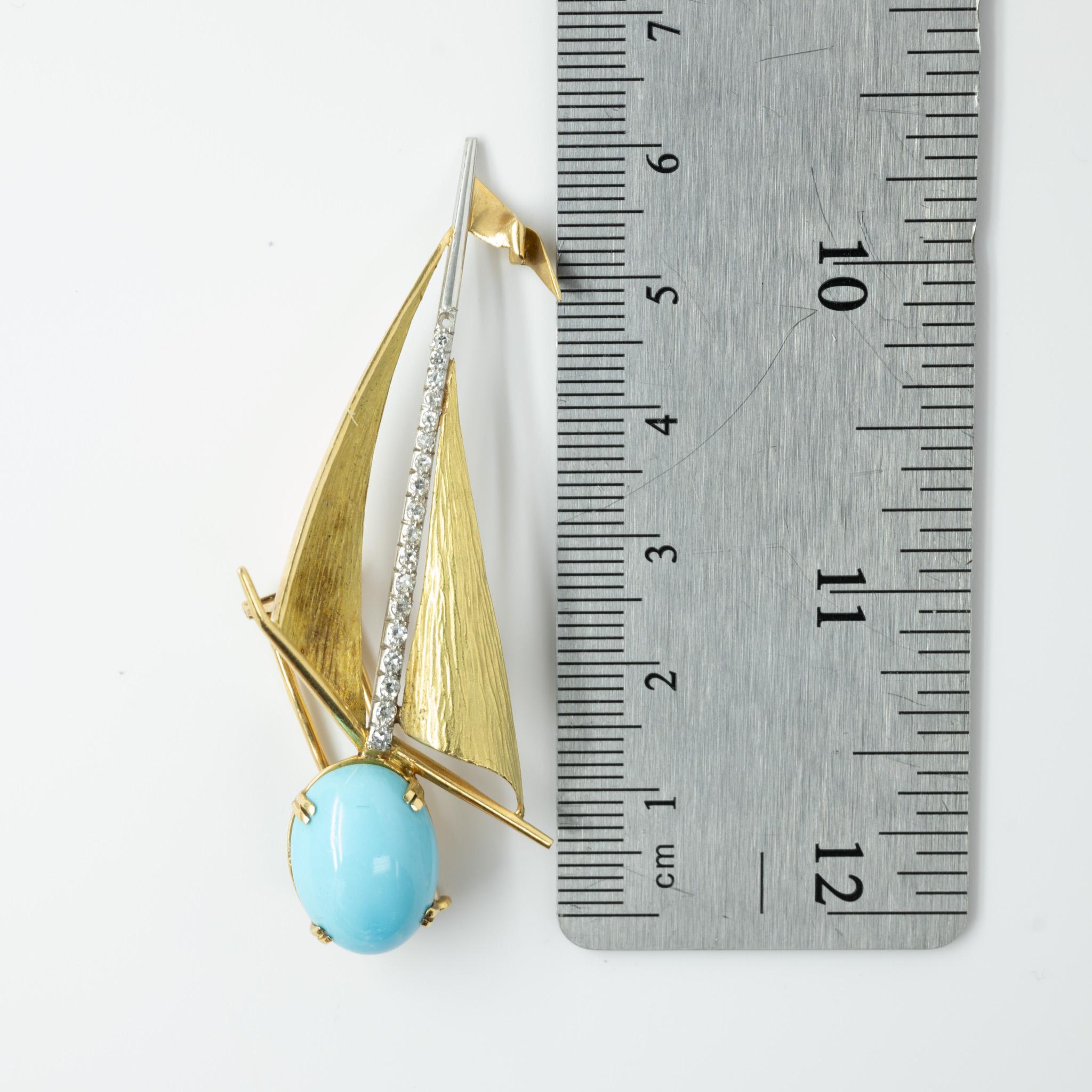 Women's Turquoise and Diamond Sailboat Nautical 14k Gold Brooch