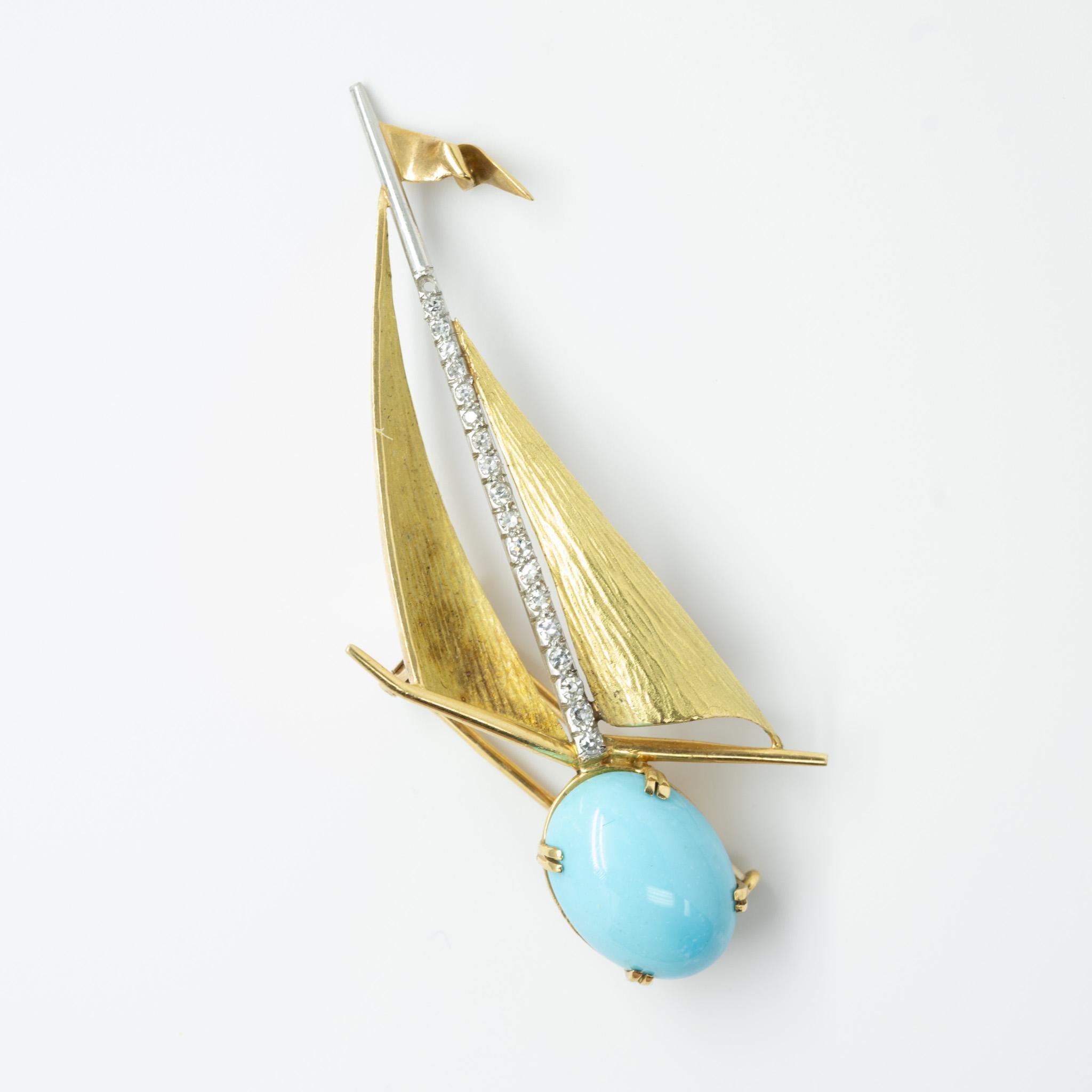 Turquoise and Diamond Sailboat Nautical 14k Gold Brooch 1