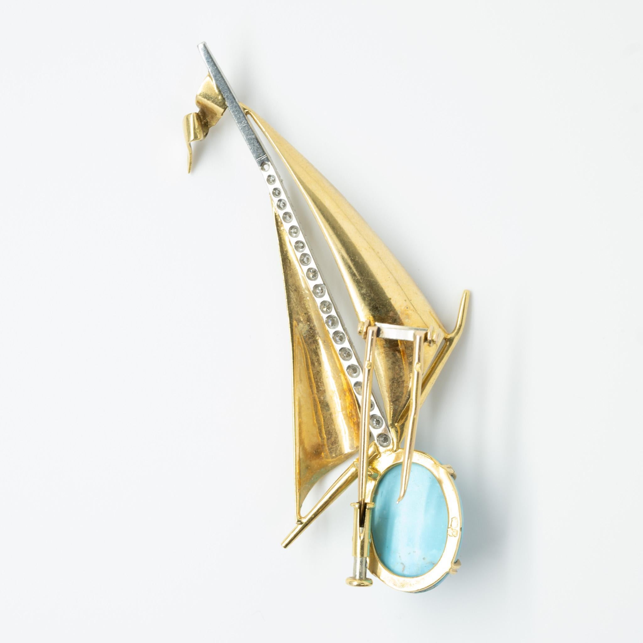 Turquoise and Diamond Sailboat Nautical 14k Gold Brooch 2