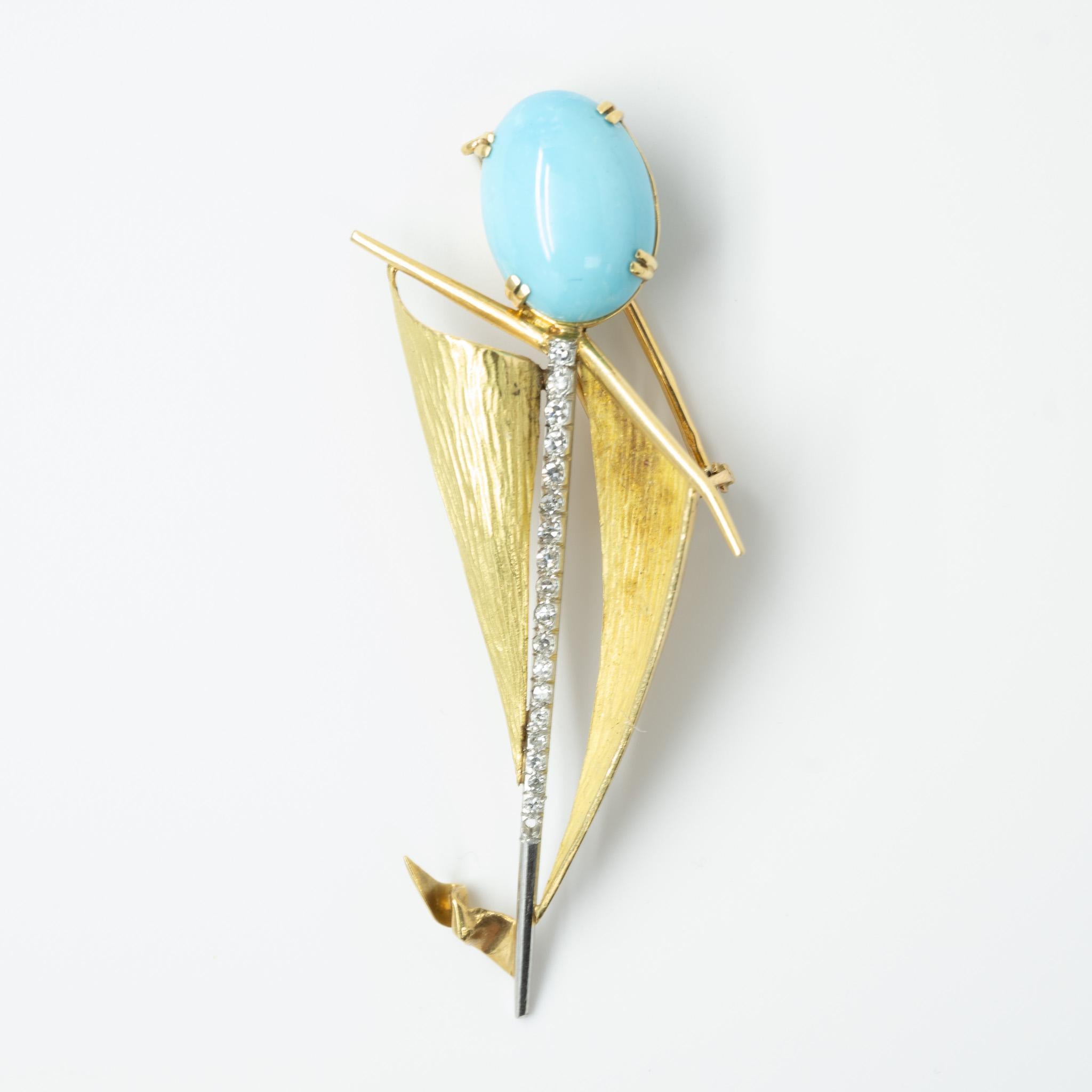 Turquoise and Diamond Sailboat Nautical 14k Gold Brooch 4