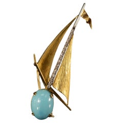 Turquoise and Diamond Sailboat Nautical 14k Gold Brooch