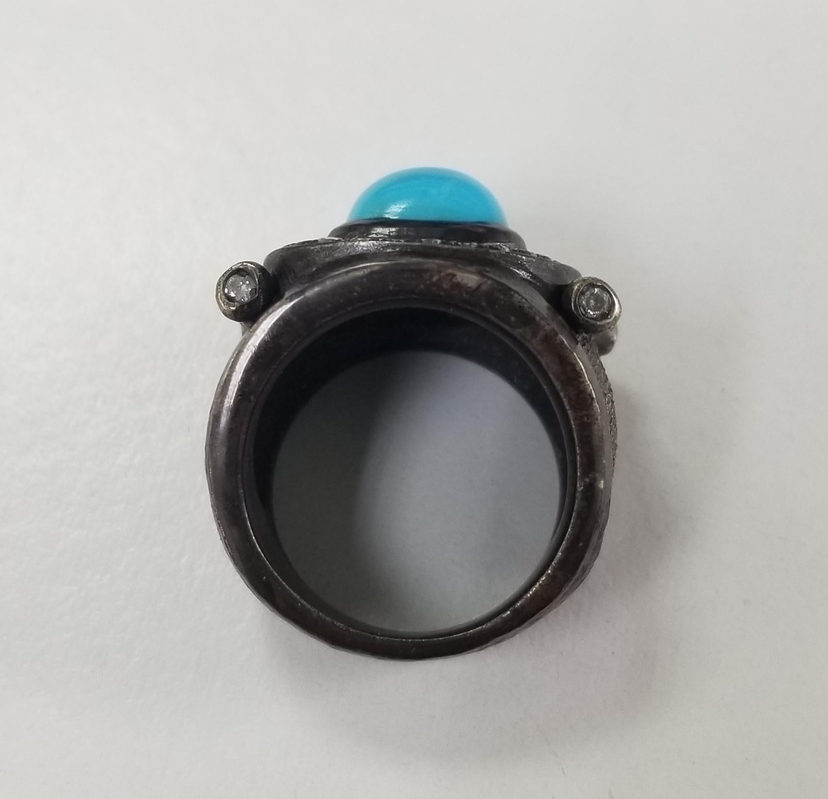 Art Nouveau Turquoise and Diamond Silver Ring For Sale