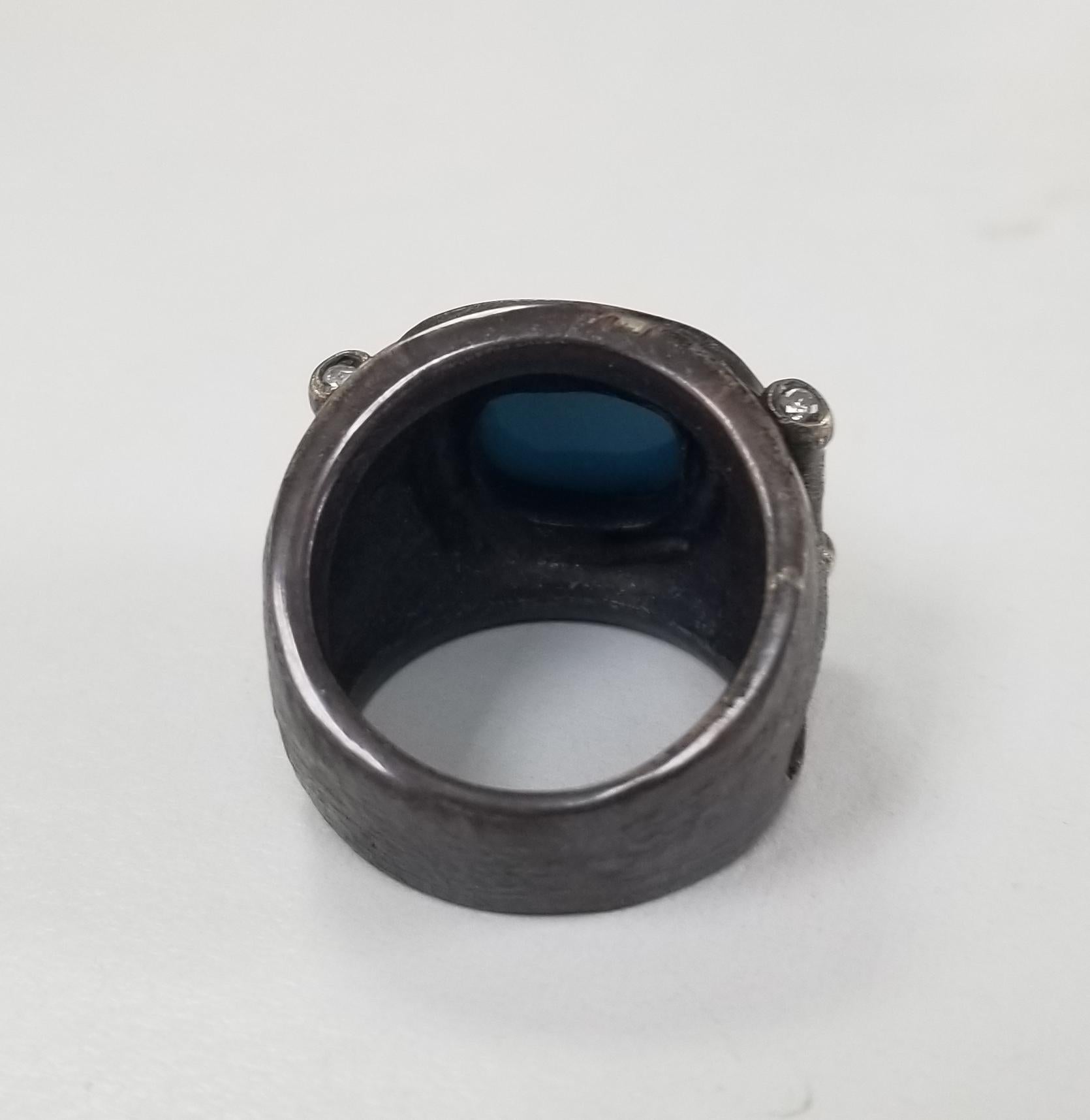 Turquoise and Diamond Silver Ring In New Condition For Sale In Los Angeles, CA