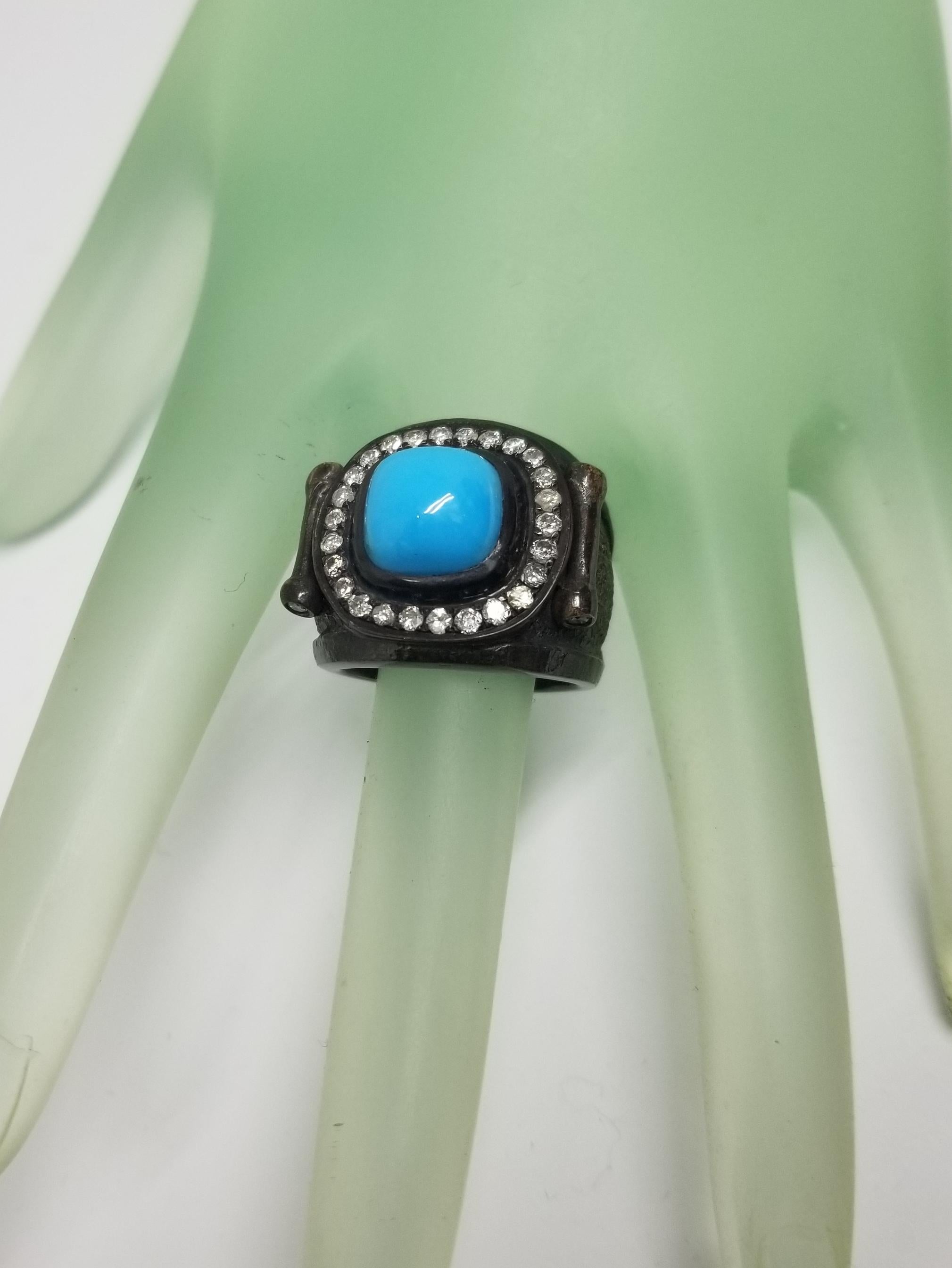 Women's or Men's Turquoise and Diamond Silver Ring For Sale