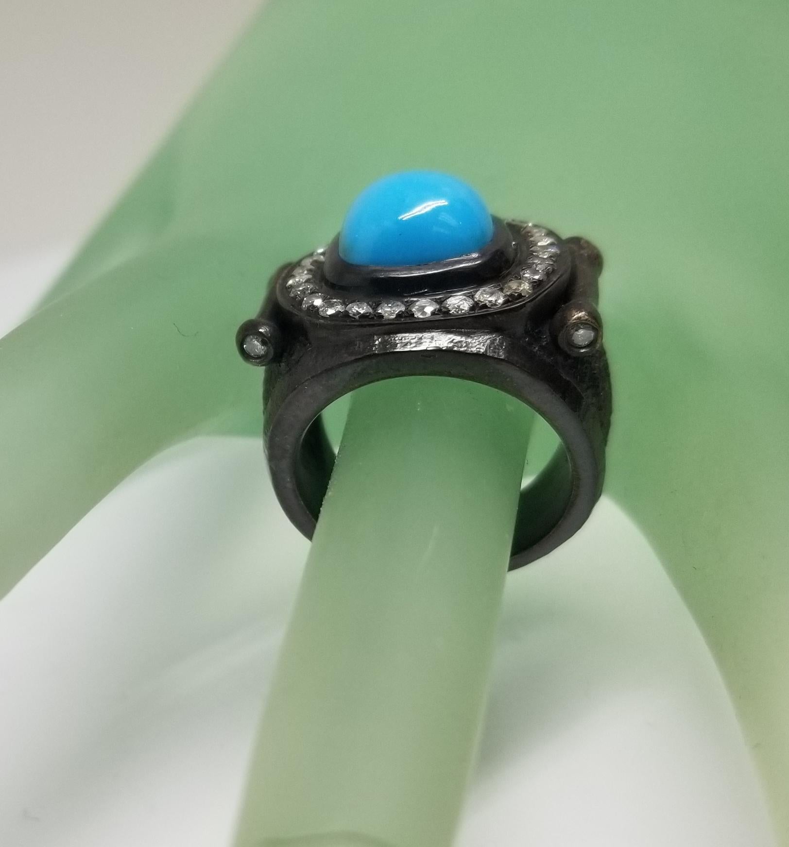 Turquoise and Diamond Silver Ring For Sale 1