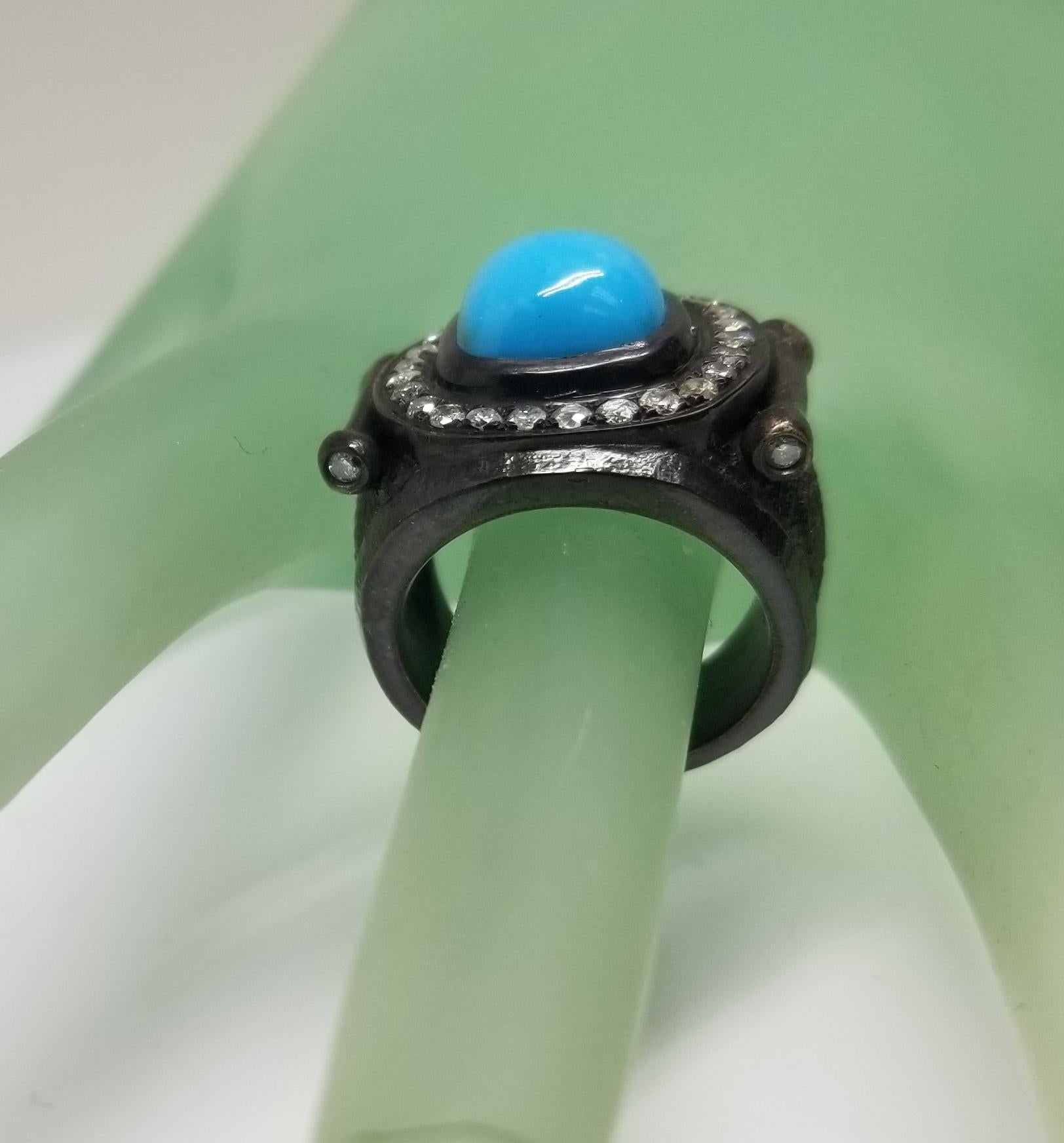 Turquoise and Diamond Silver Ring 1
