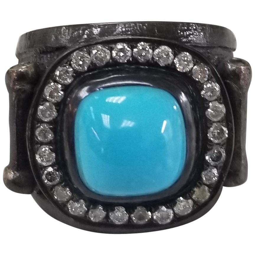 Turquoise and Diamond Silver Ring