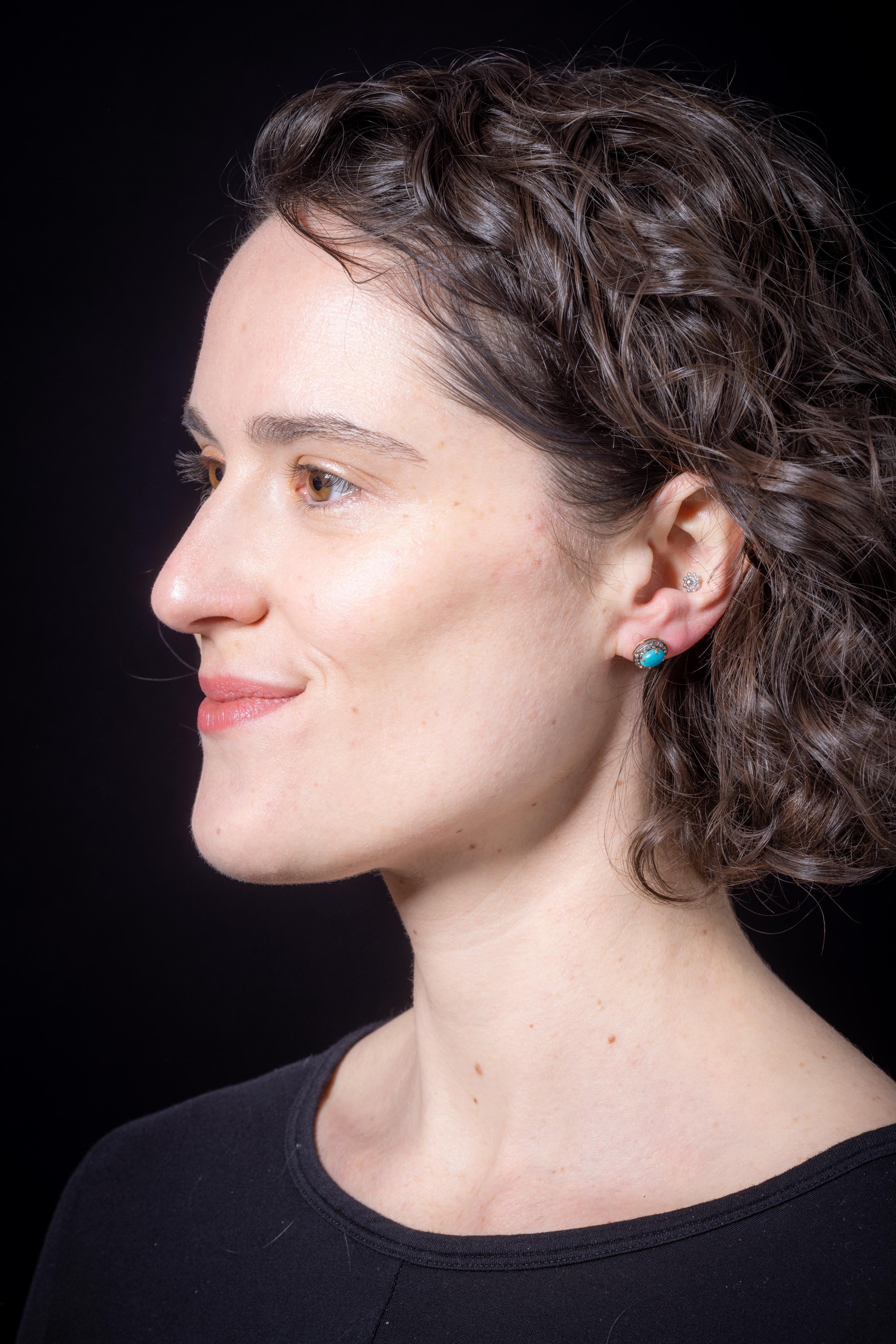 Oval Cut Turquoise and Diamond Stud Earrings For Sale