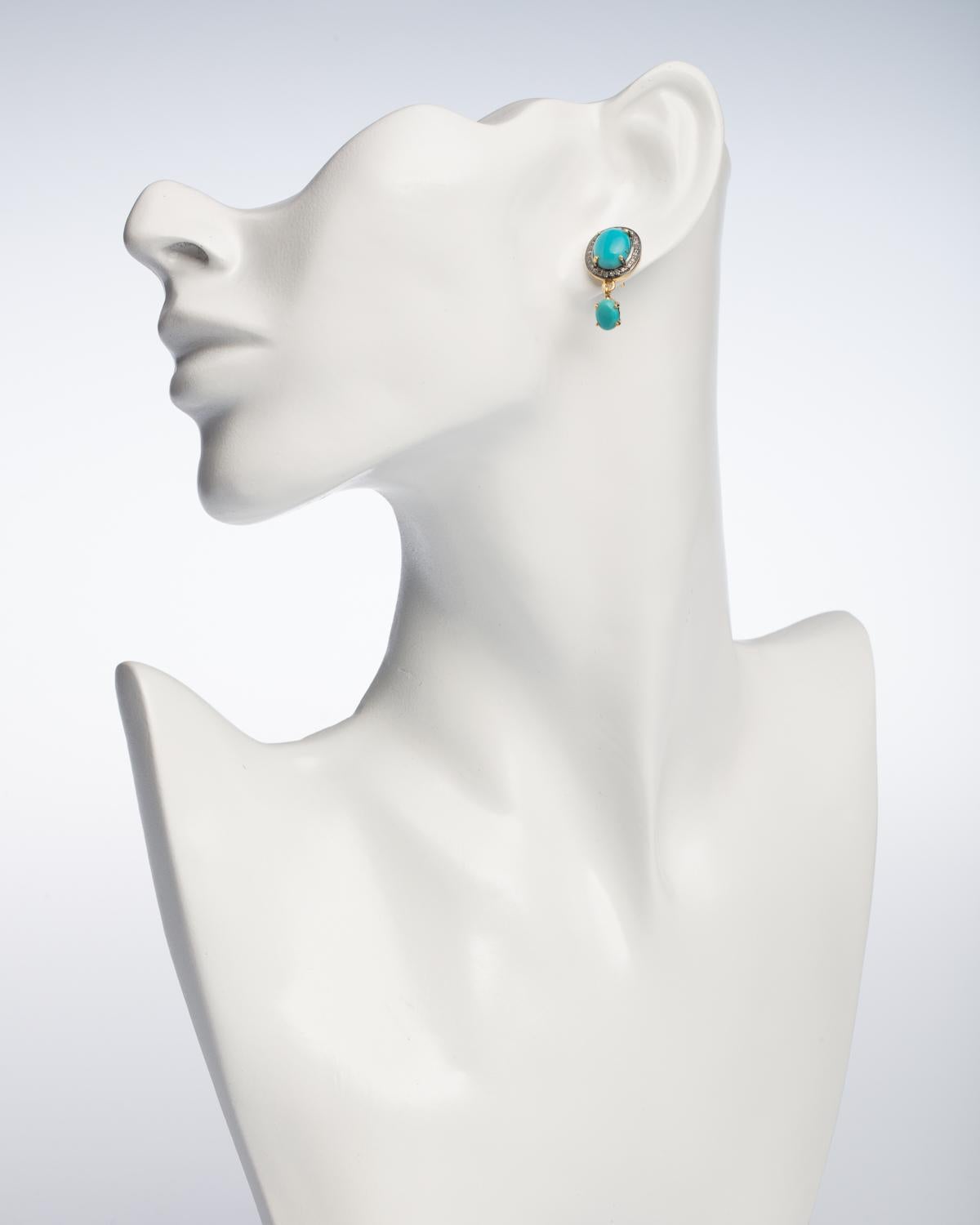 Turquoise and Diamond Stud Earrings In Excellent Condition In Nantucket, MA