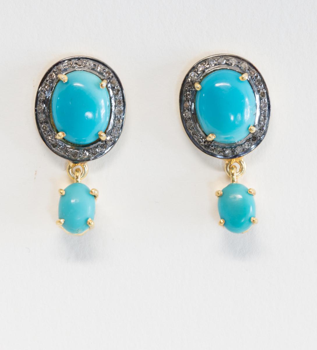 Women's or Men's Turquoise and Diamond Stud Earrings