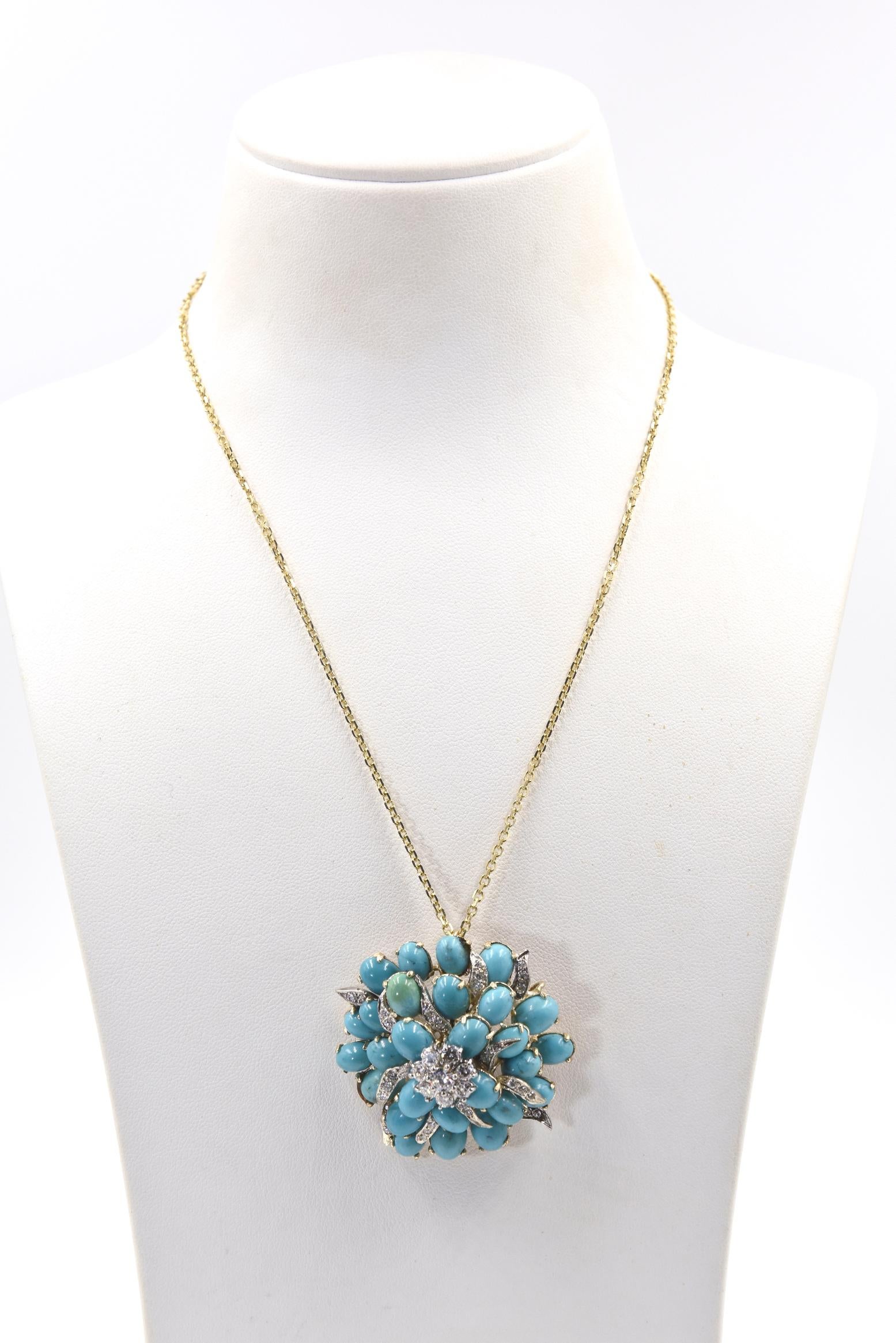 Turquoise and Diamond Three Dimensional Flower Gold Brooch Pendant Necklace In Good Condition In Miami Beach, FL