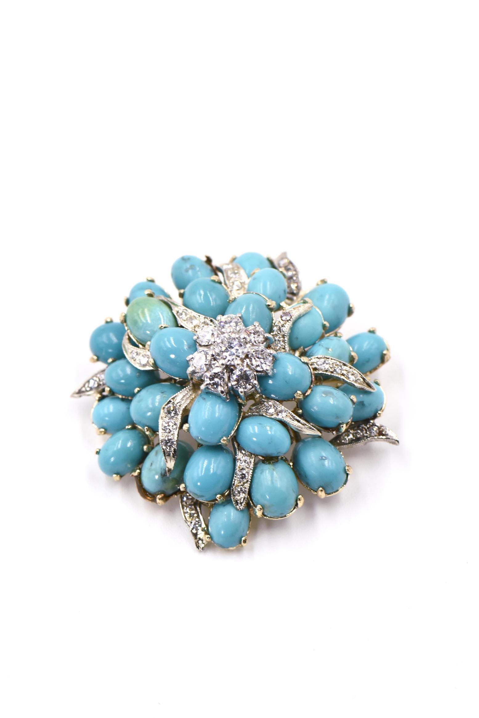 Turquoise and Diamond Three Dimensional Flower Gold Brooch Pendant Necklace 1