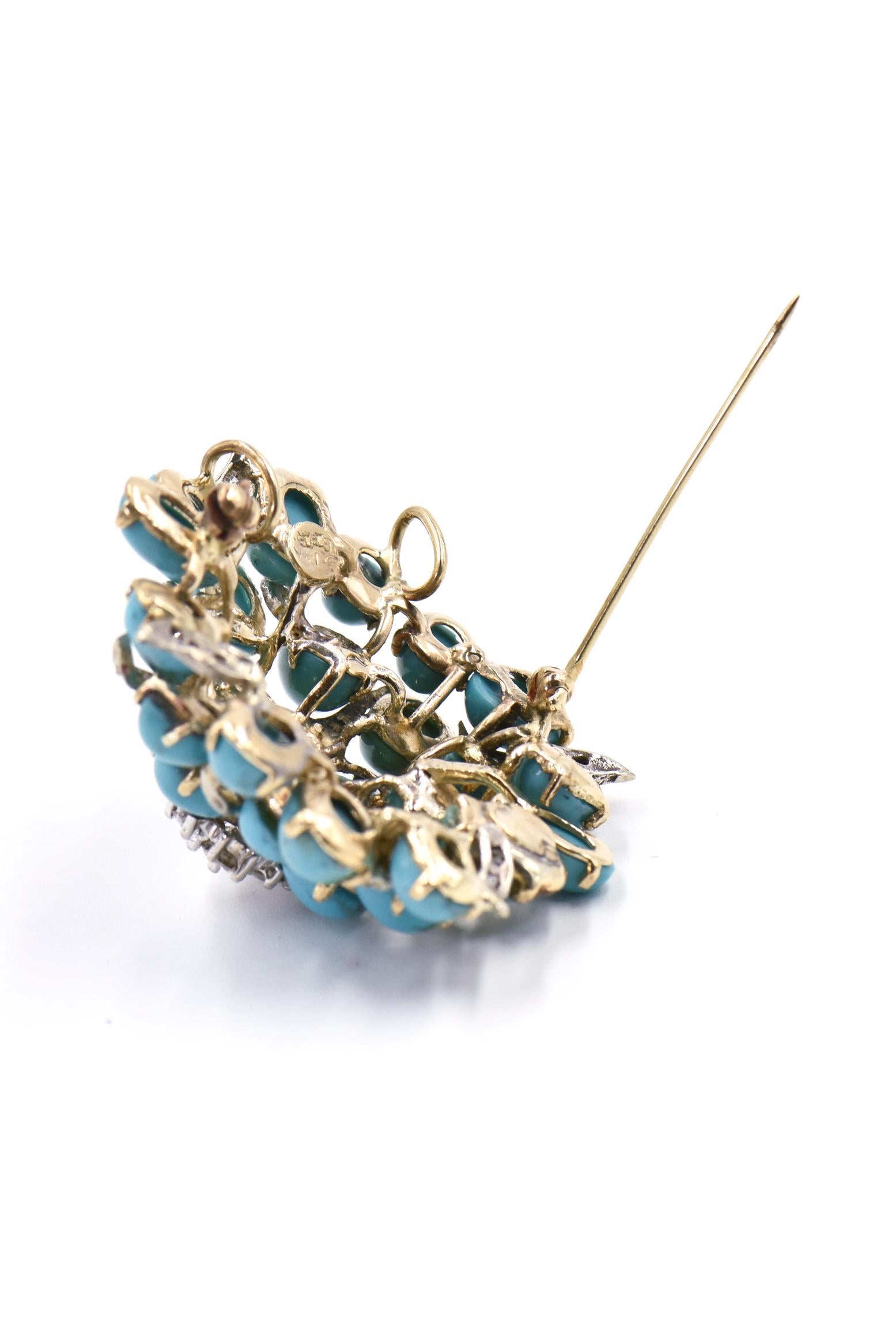 Turquoise and Diamond Three Dimensional Flower Gold Brooch Pendant Necklace 3