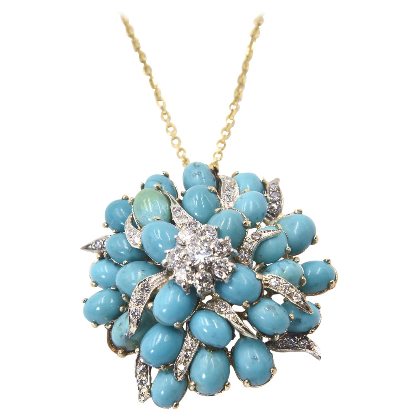 Turquoise and Diamond Three Dimensional Flower Gold Brooch Pendant Necklace