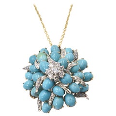 Turquoise and Diamond Three Dimensional Flower Gold Brooch Pendant Necklace