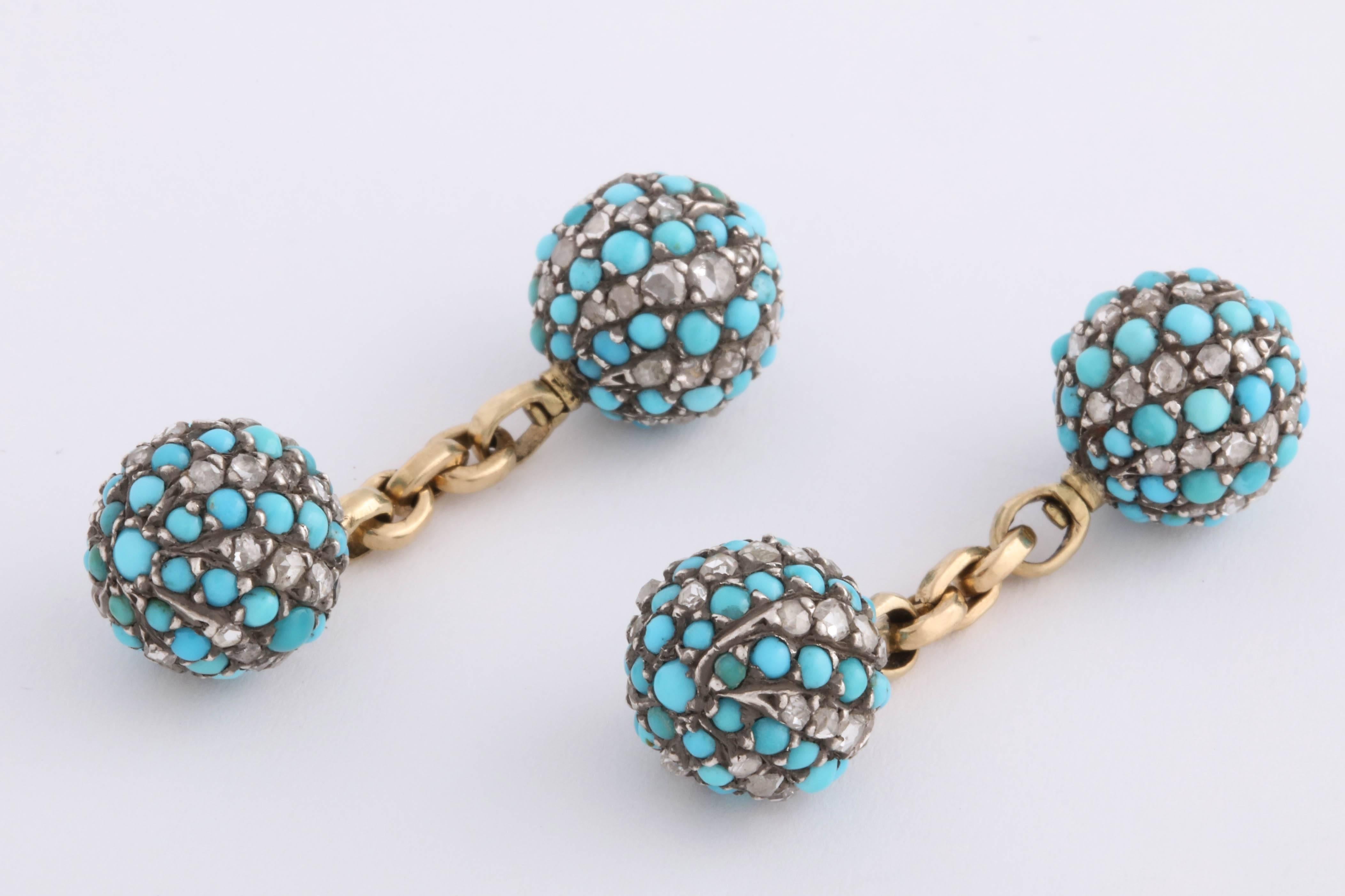 Turquoise and Diamond Victorian Cufflinks In Good Condition For Sale In New York, NY