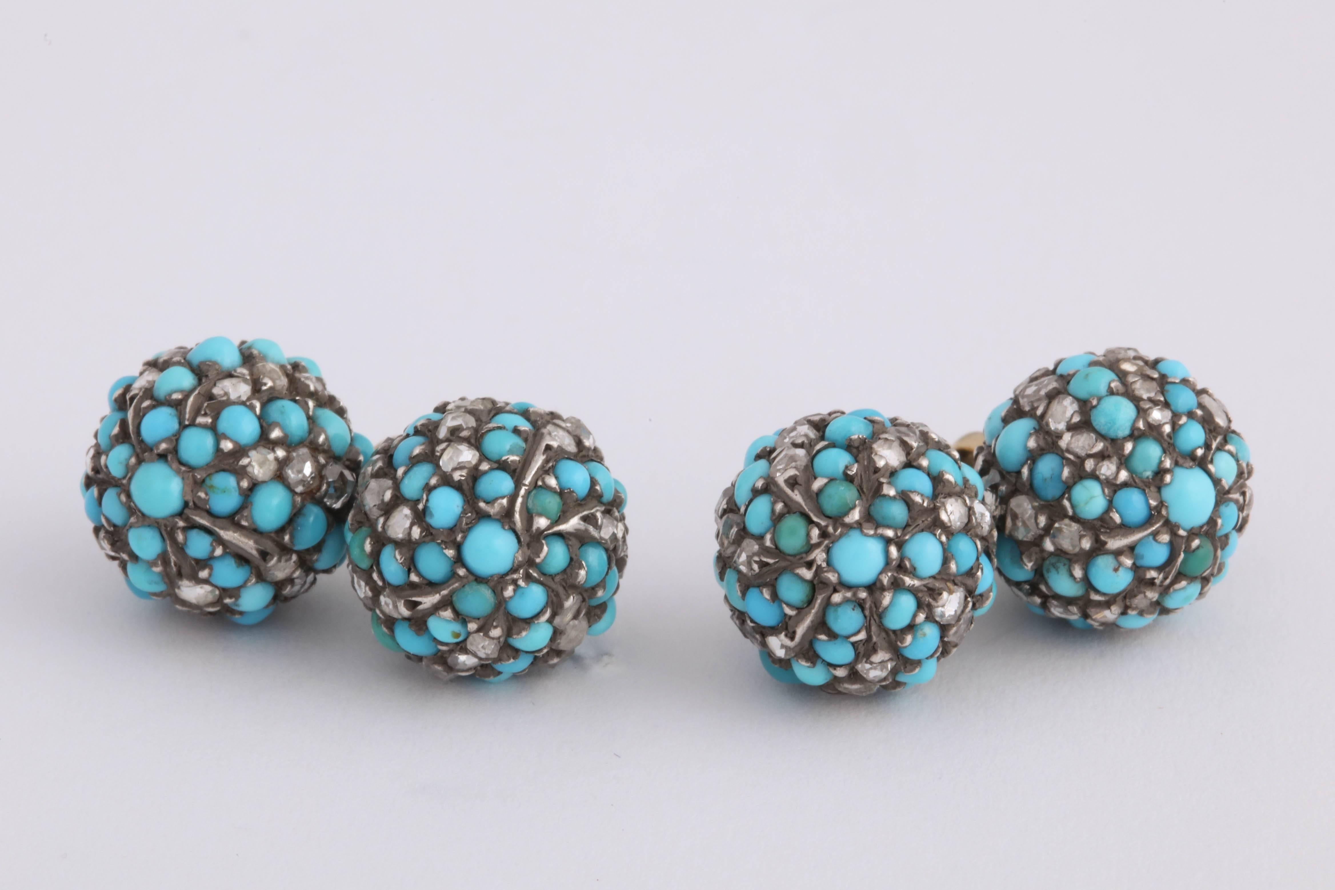 Women's or Men's Turquoise and Diamond Victorian Cufflinks For Sale