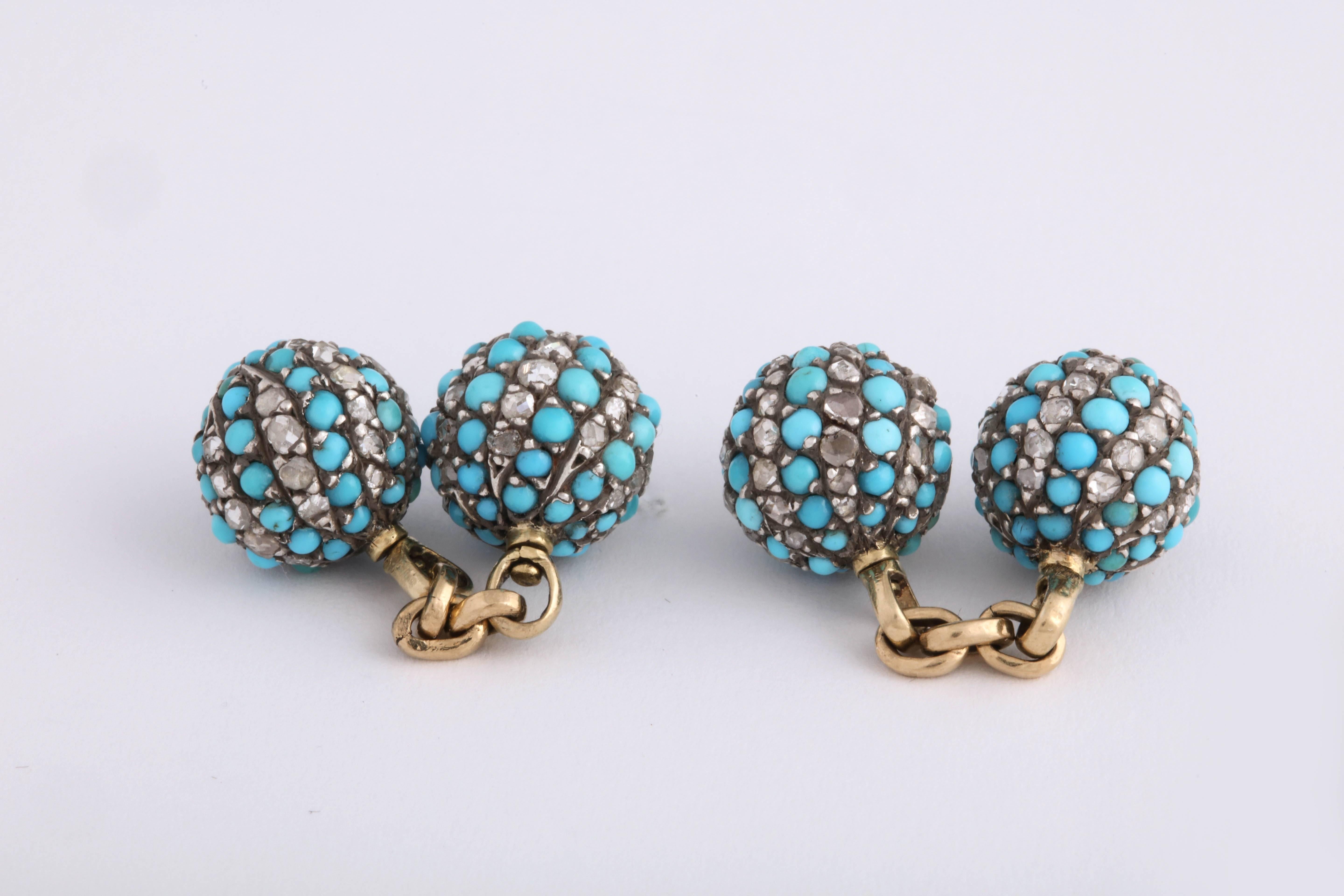 Turquoise and Diamond Victorian Cufflinks For Sale 1