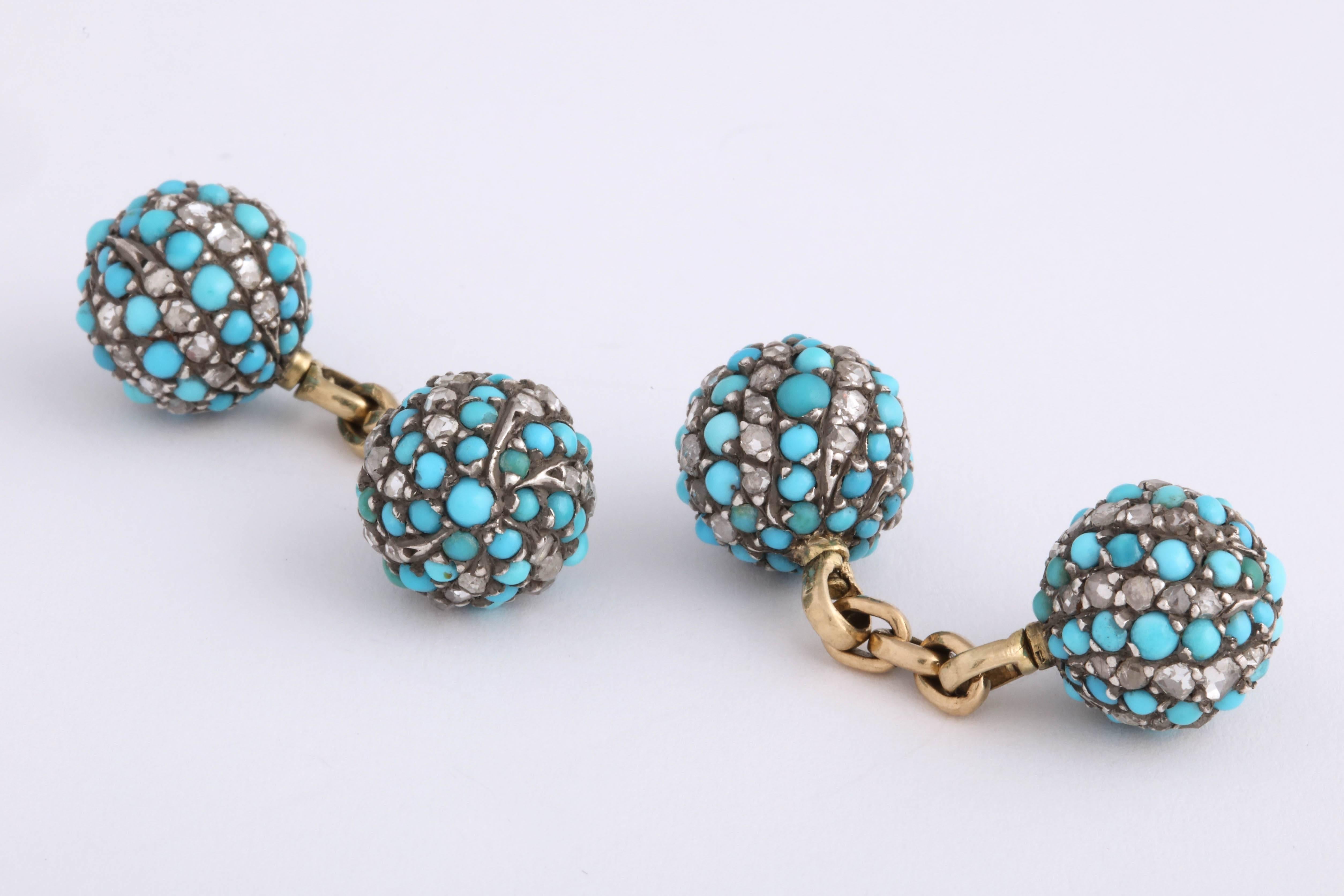 Turquoise and Diamond Victorian Cufflinks For Sale 2