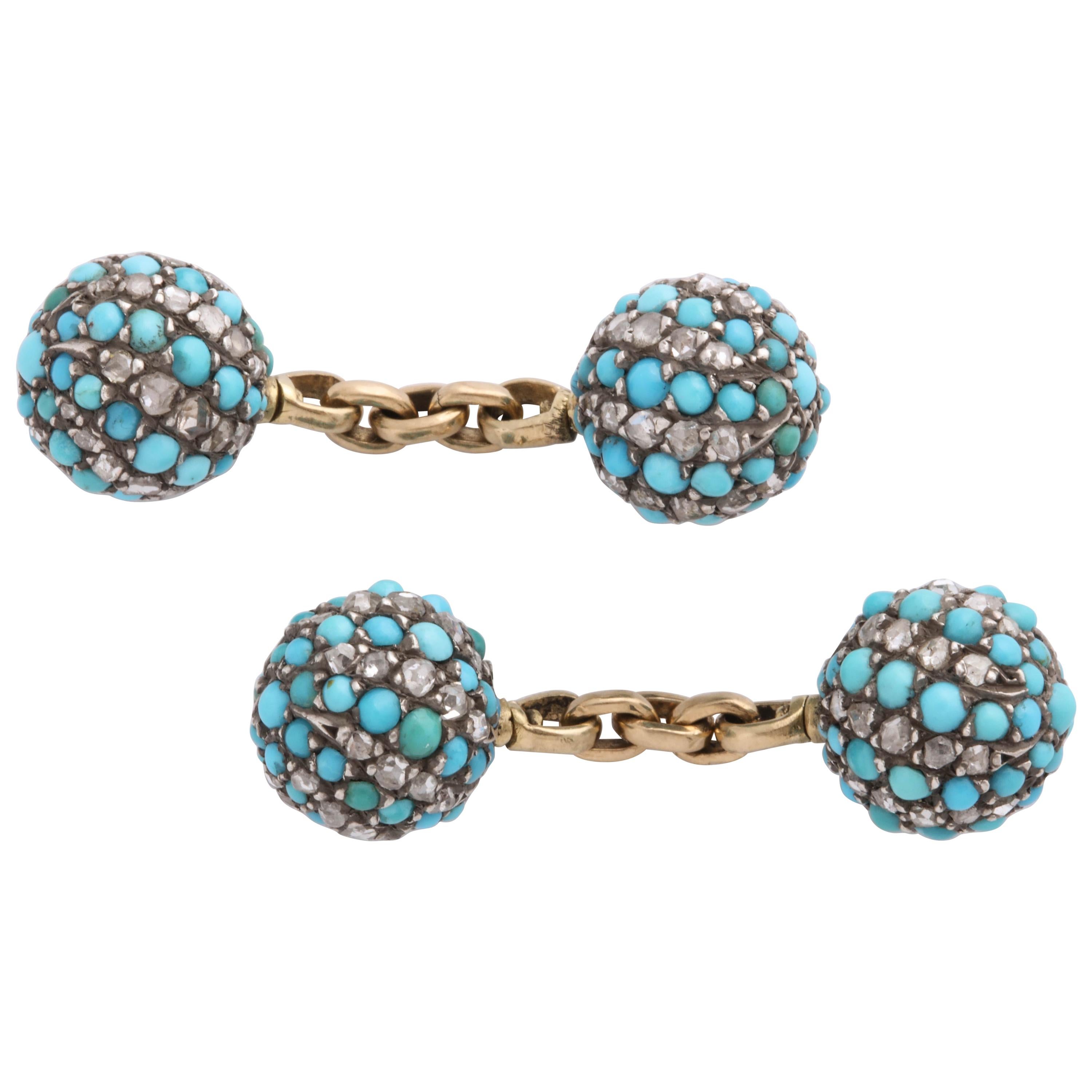 Turquoise and Diamond Victorian Cufflinks For Sale