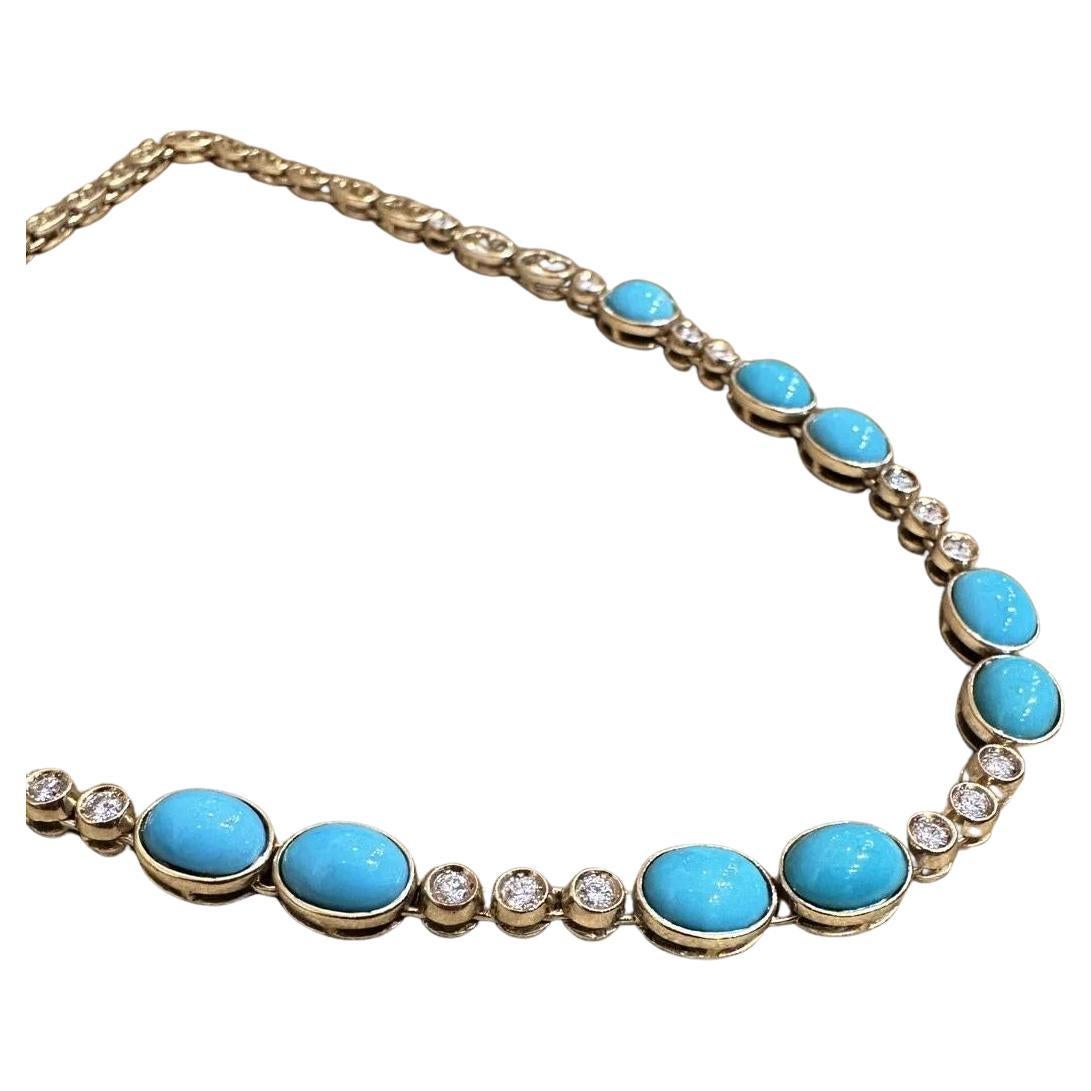 Turquoise and Diamond Vintage Choker Necklace in 18k Yellow Gold

Turquoise and Diamond Vintage Choker Necklace features 10 Oval Turquoise Cabochons with Bright Turquoise Blue color with 17 Round Brilliant Diamonds bezel-set in 18k Yellow Gold