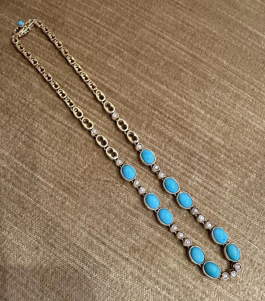 Round Cut Turquoise and Diamond Vintage Choker Necklace in 18k Yellow Gold