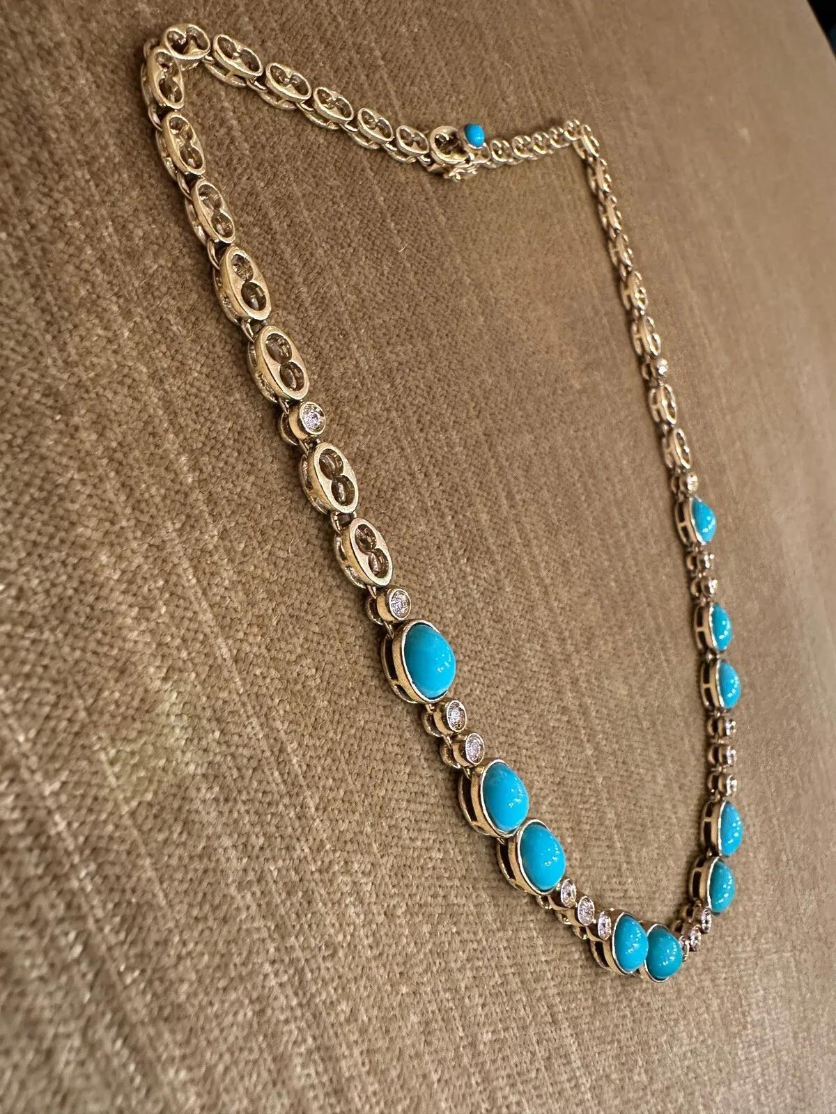 Turquoise and Diamond Vintage Choker Necklace in 18k Yellow Gold In Excellent Condition In La Jolla, CA