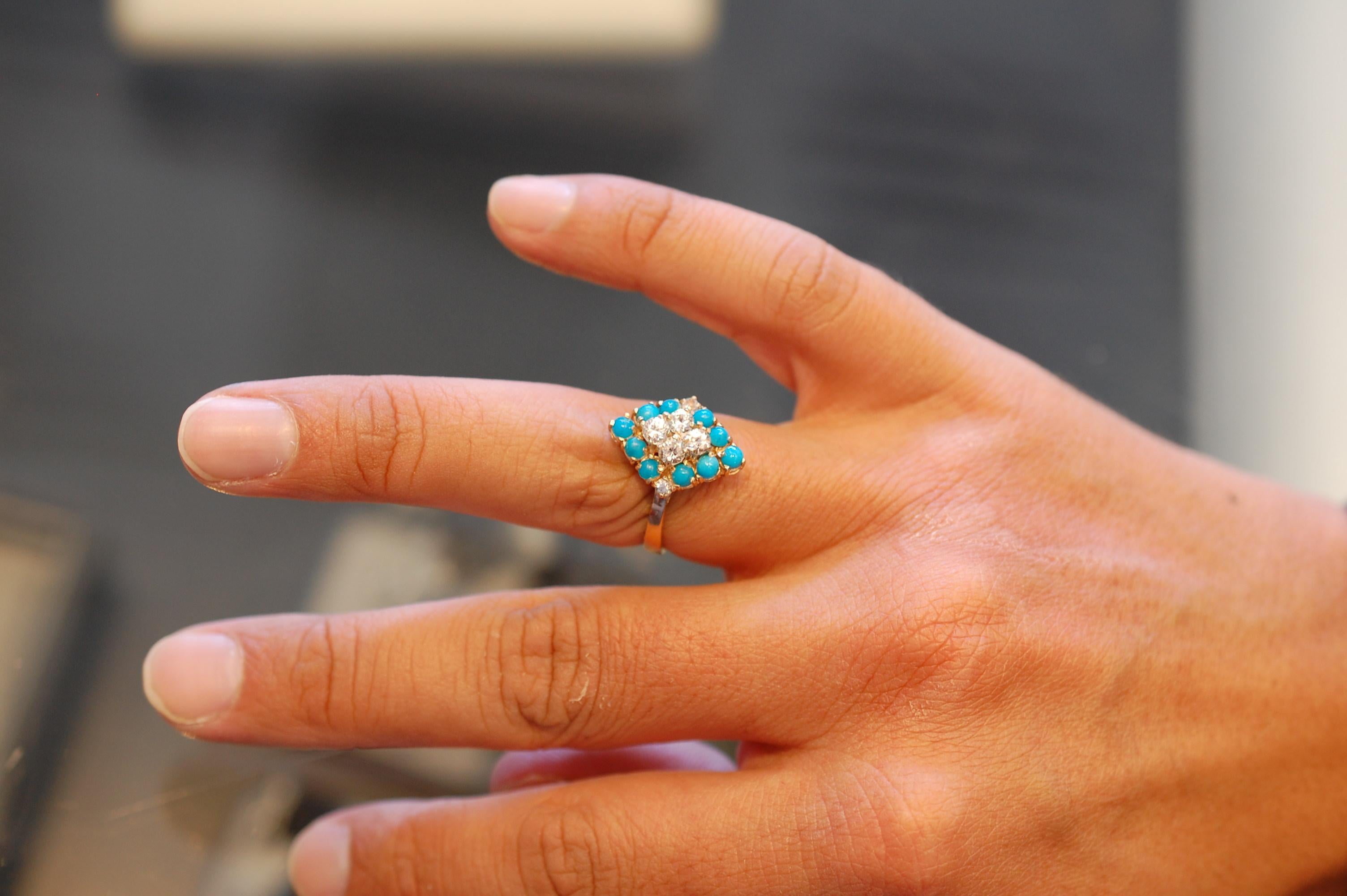 Round Cut Turquoise and Diamond Vintage Ring