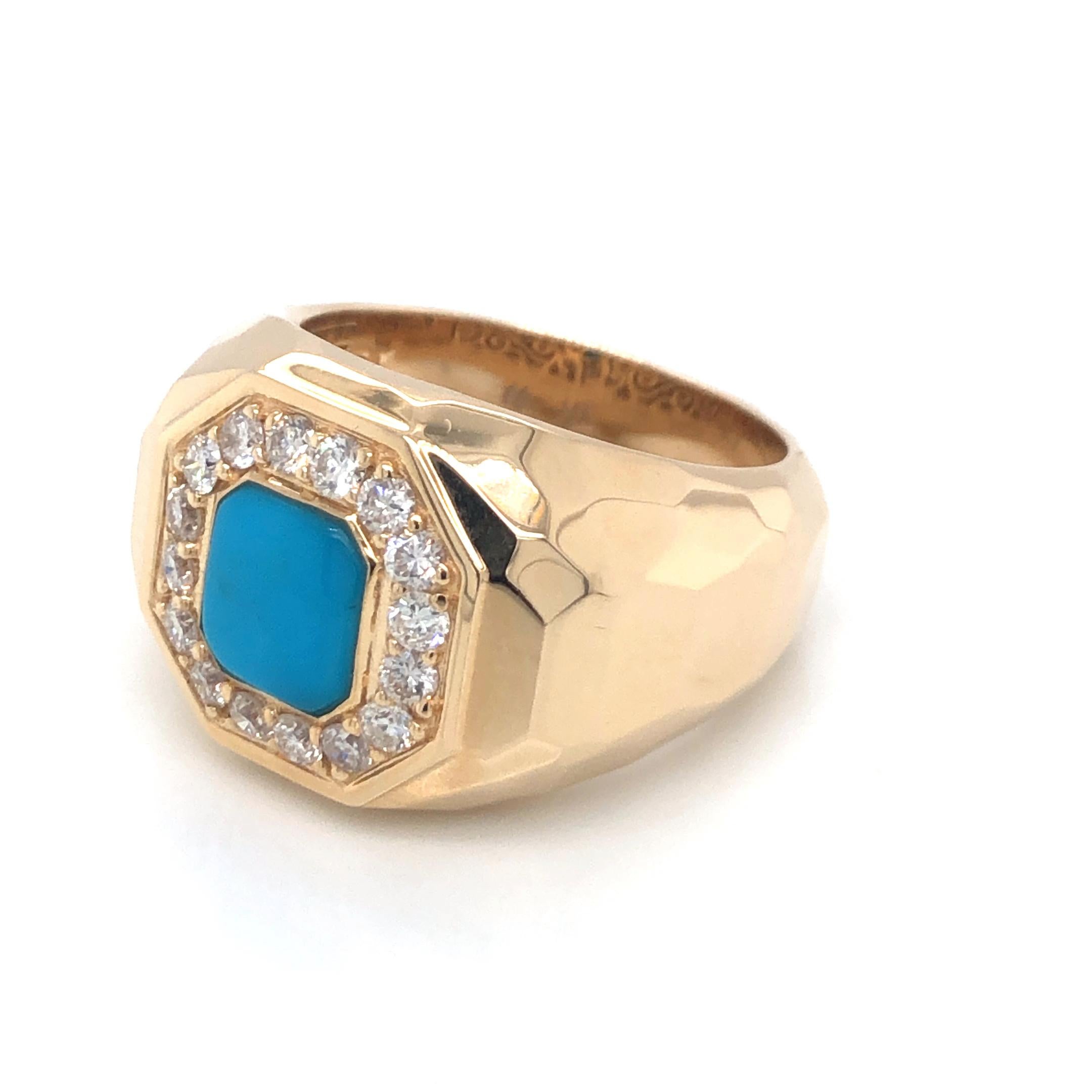 Turquoise 1.3 ct And 16 Diamonds 0.87ctw Gentleman's Rings 14k Yellow Gold Size 10.5