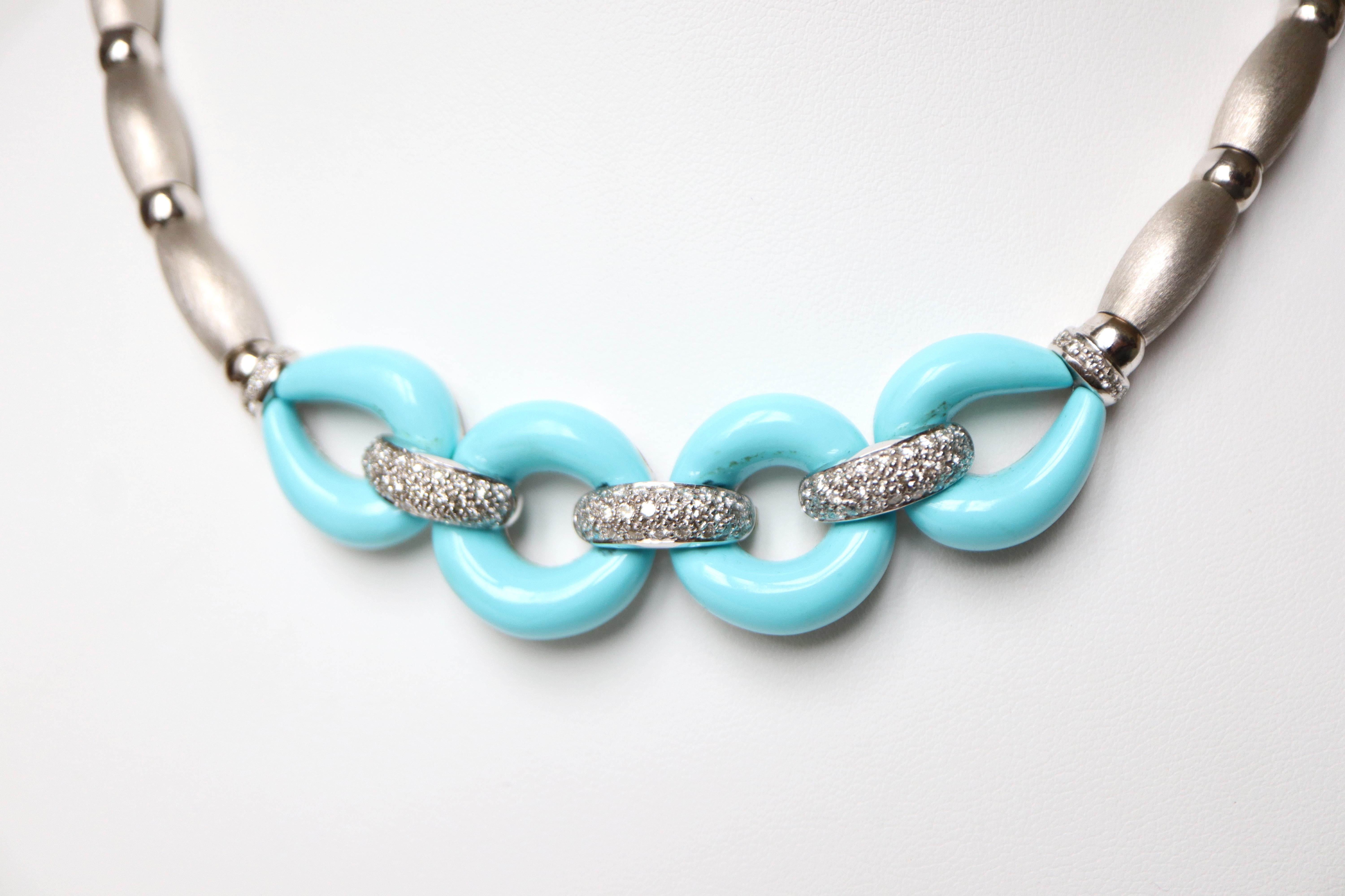 Brilliant Cut Turquoise and Diamonds Necklace 18 Kt White Gold For Sale