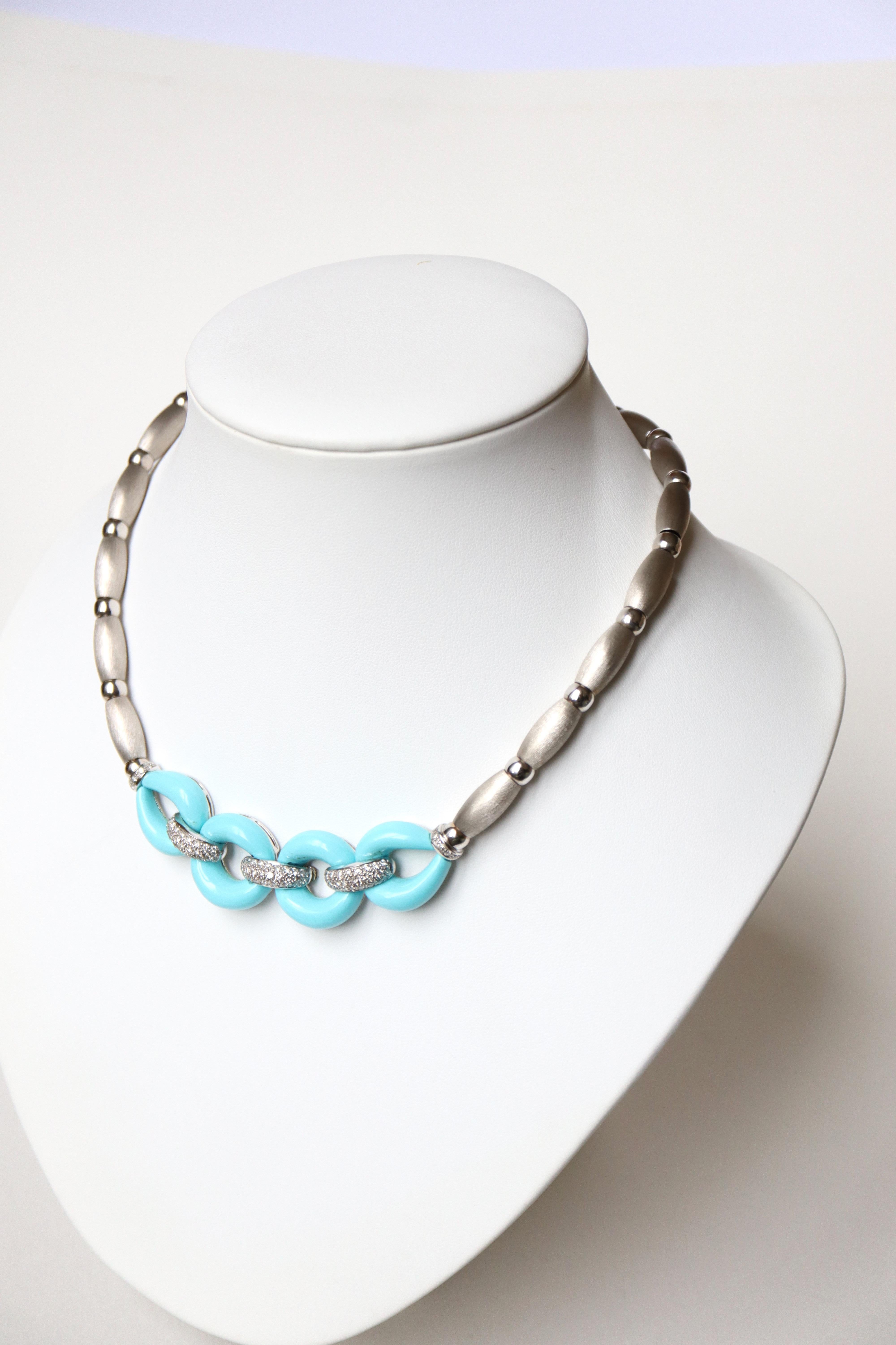 Women's or Men's Turquoise and Diamonds Necklace 18 Kt White Gold For Sale