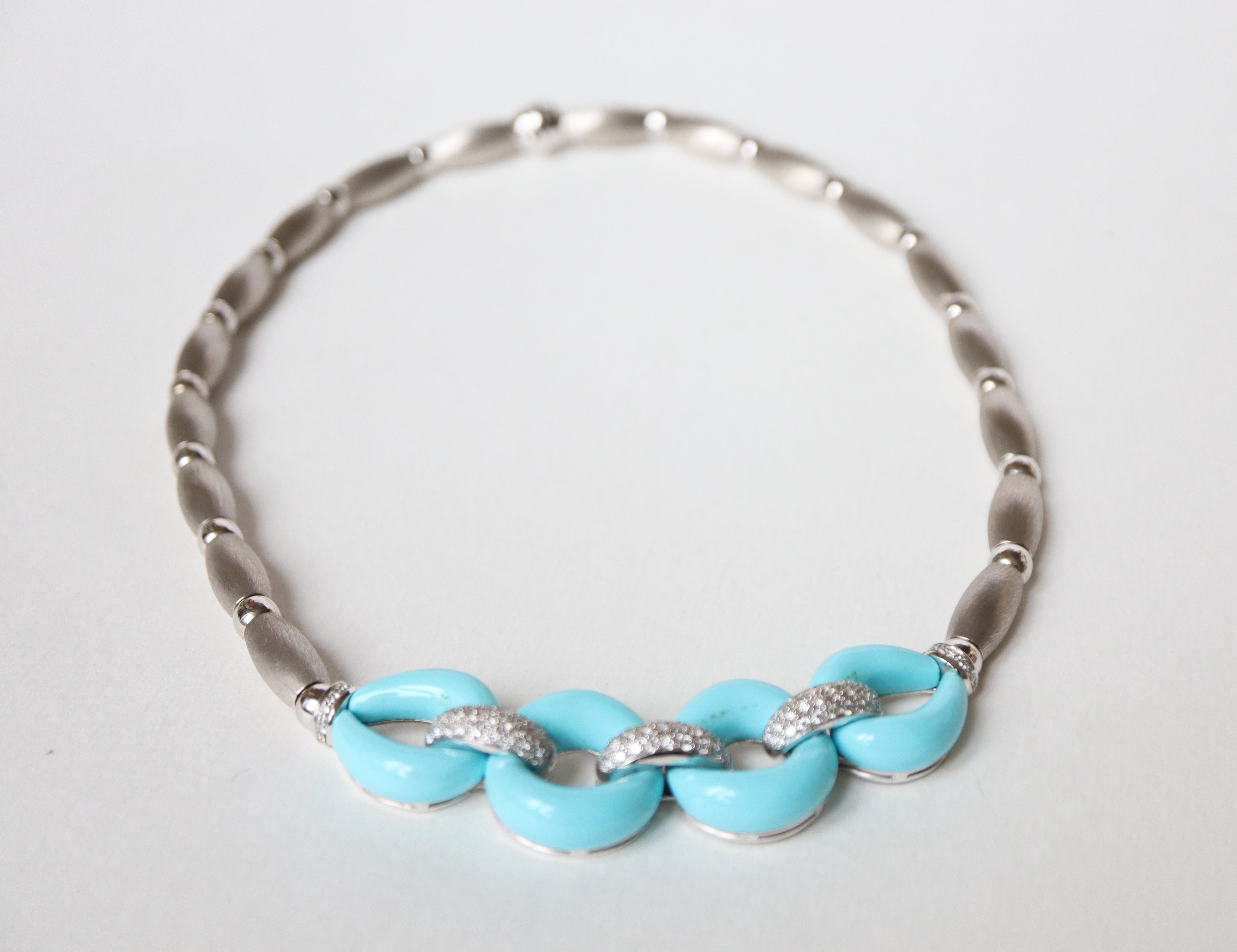 Turquoise and Diamonds Necklace 18 Kt White Gold For Sale 1