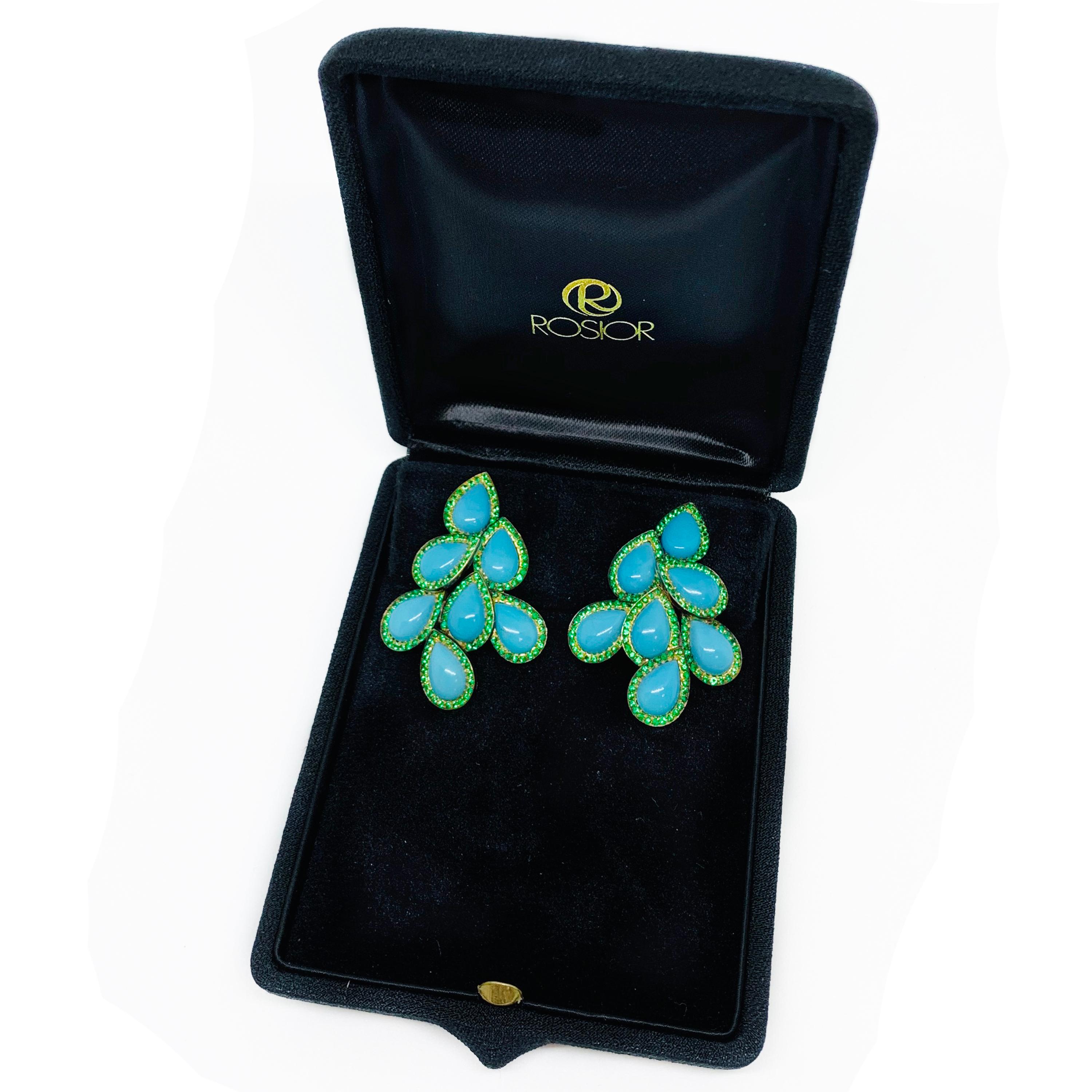 Cabochon Rosior one-off Turquoise and Emerald Drop Earrings set in Yellow Gold