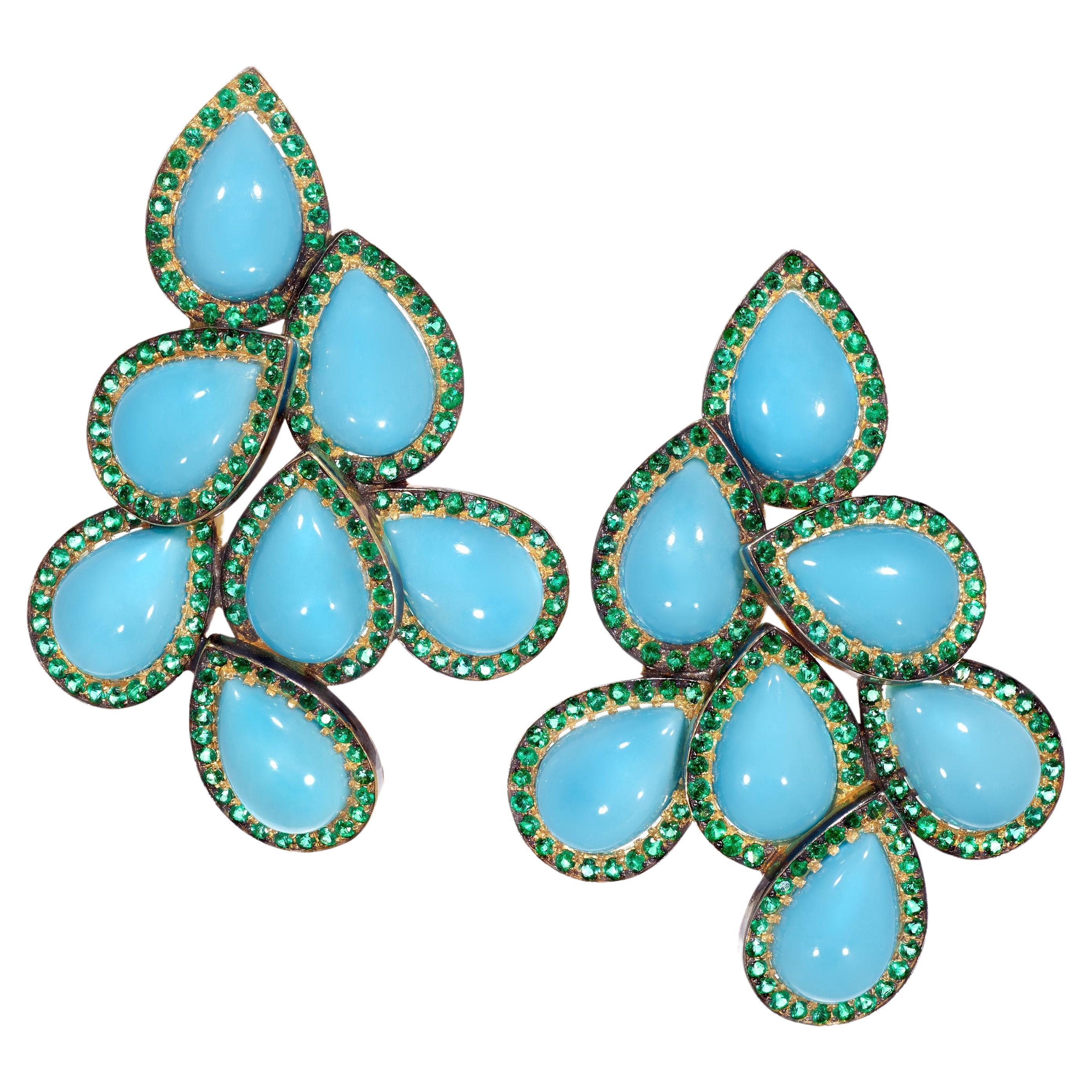 Rosior one-off Turquoise and Emerald Drop Earrings set in Yellow Gold