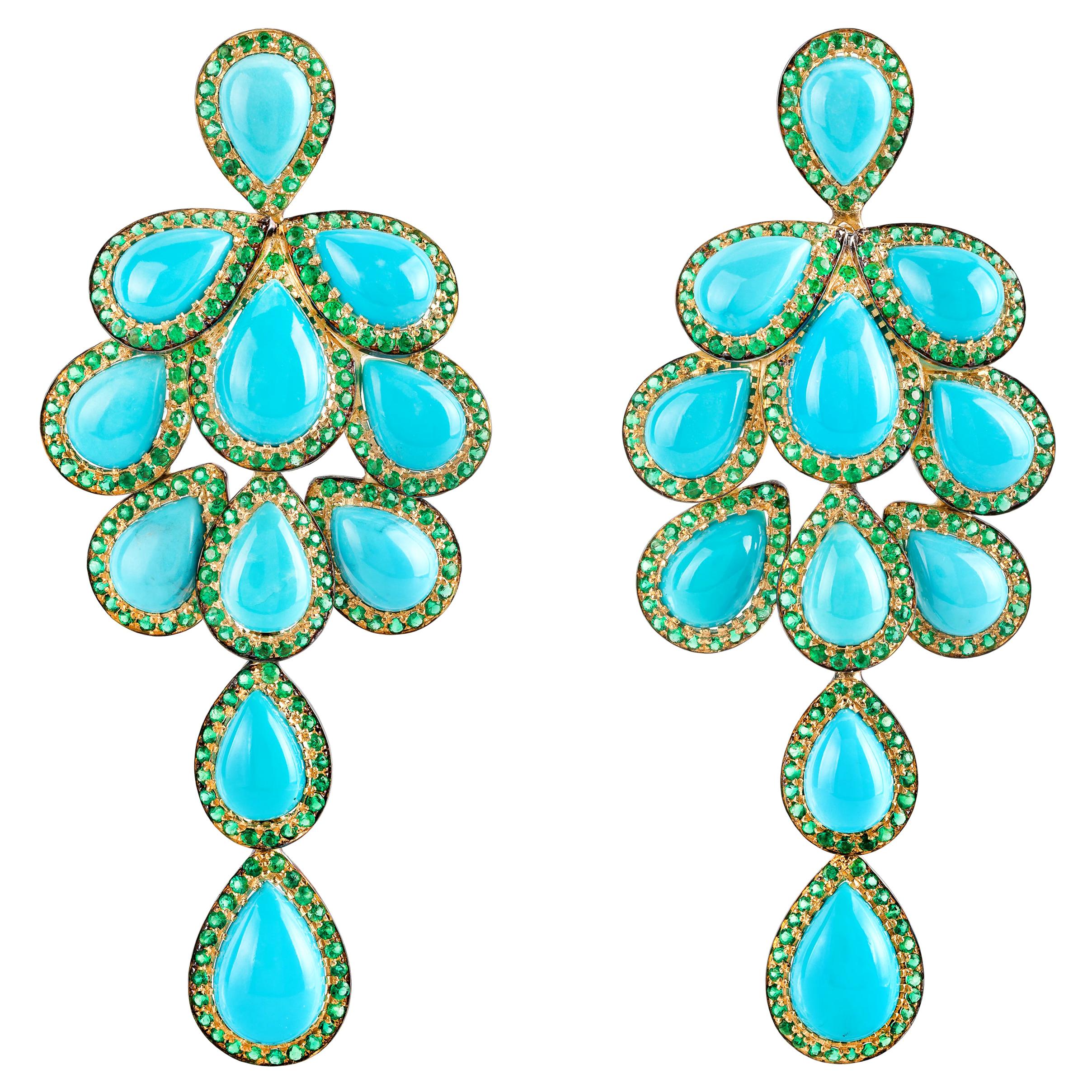 Turquoise and Emerald Dangle Earrings in Yellow Gold