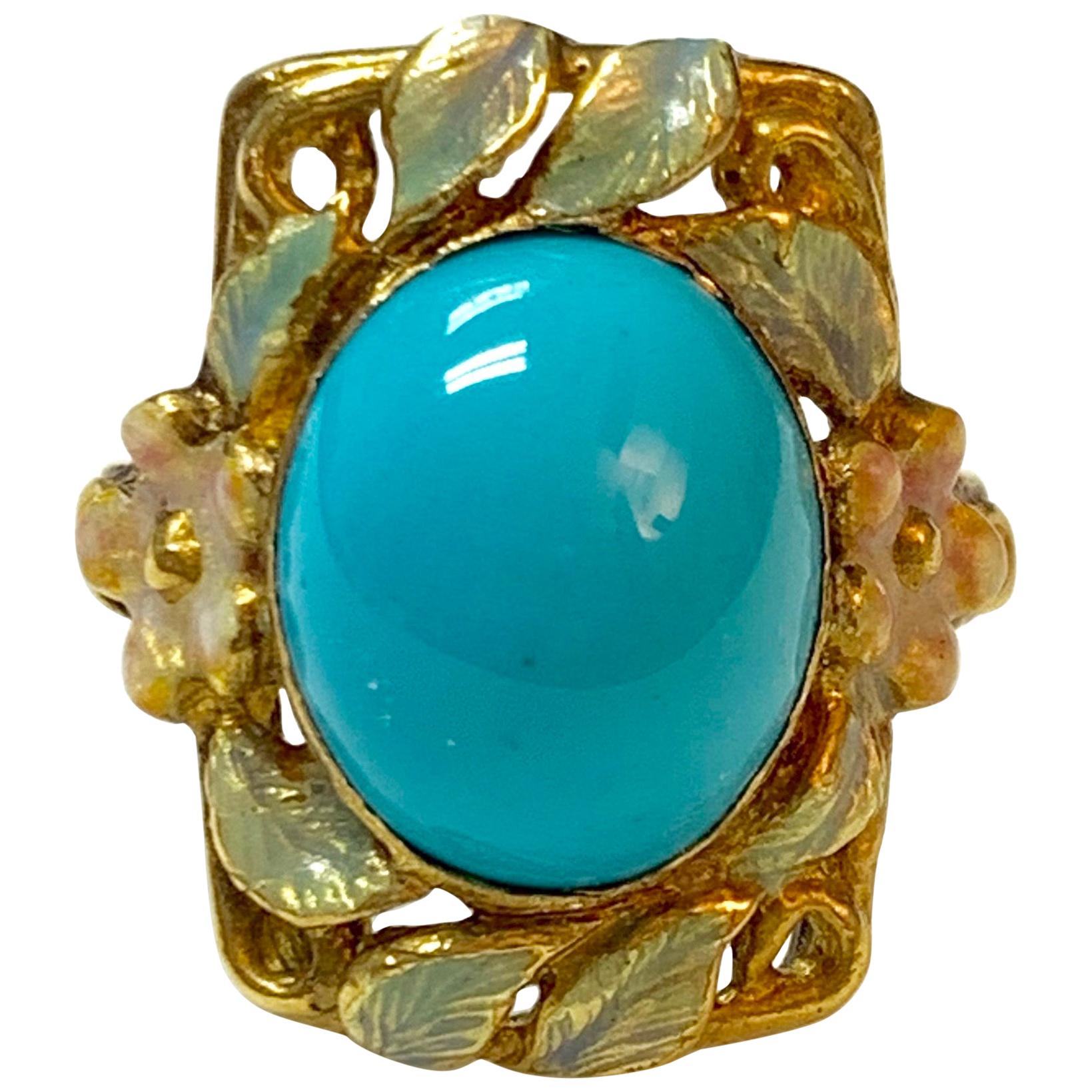 Turquoise and Enamel Cocktail Ring in 18 Karat Yellow Gold