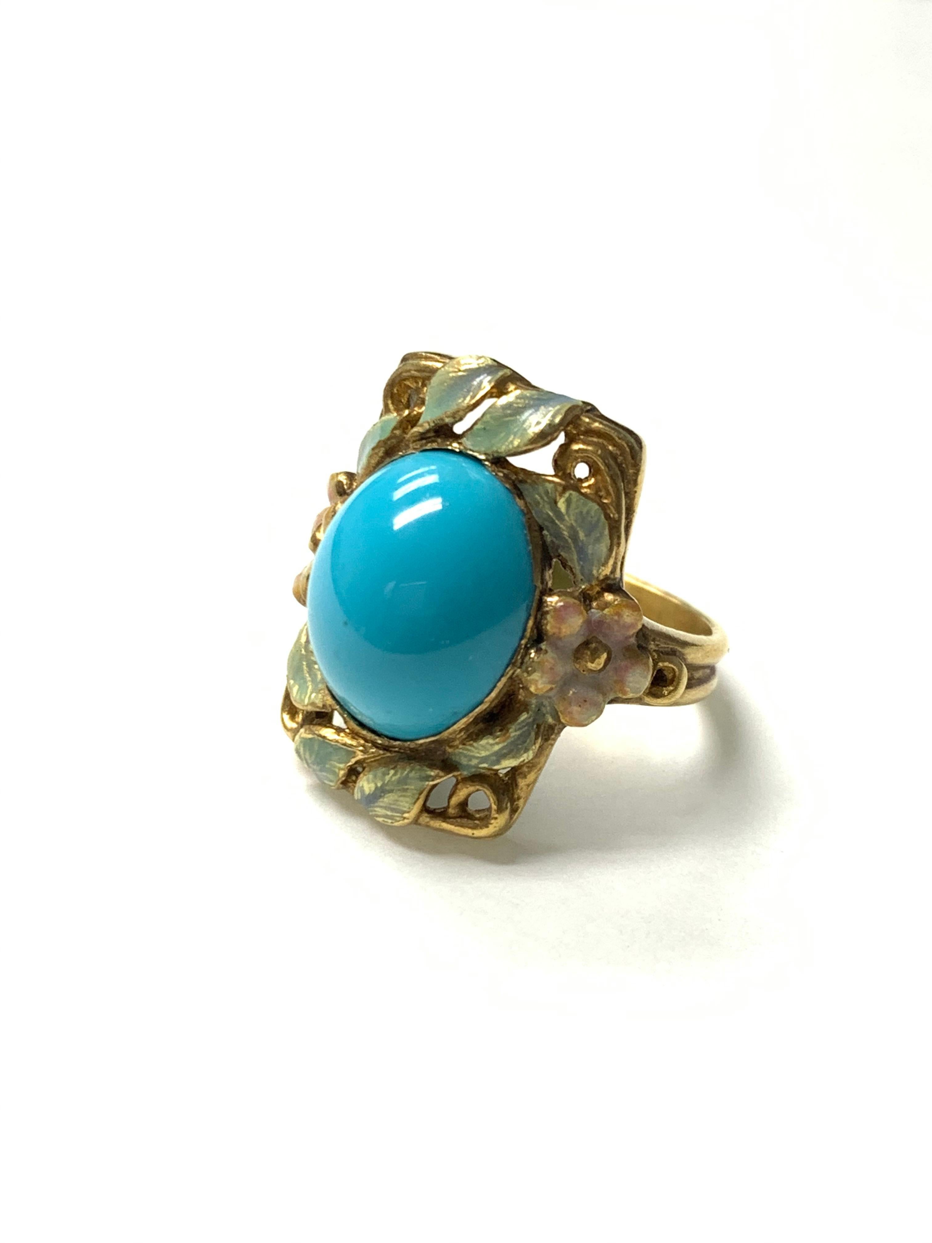 Oval Cut Turquoise and Enamel Cocktail Ring in 18 Karat Yellow Gold For Sale
