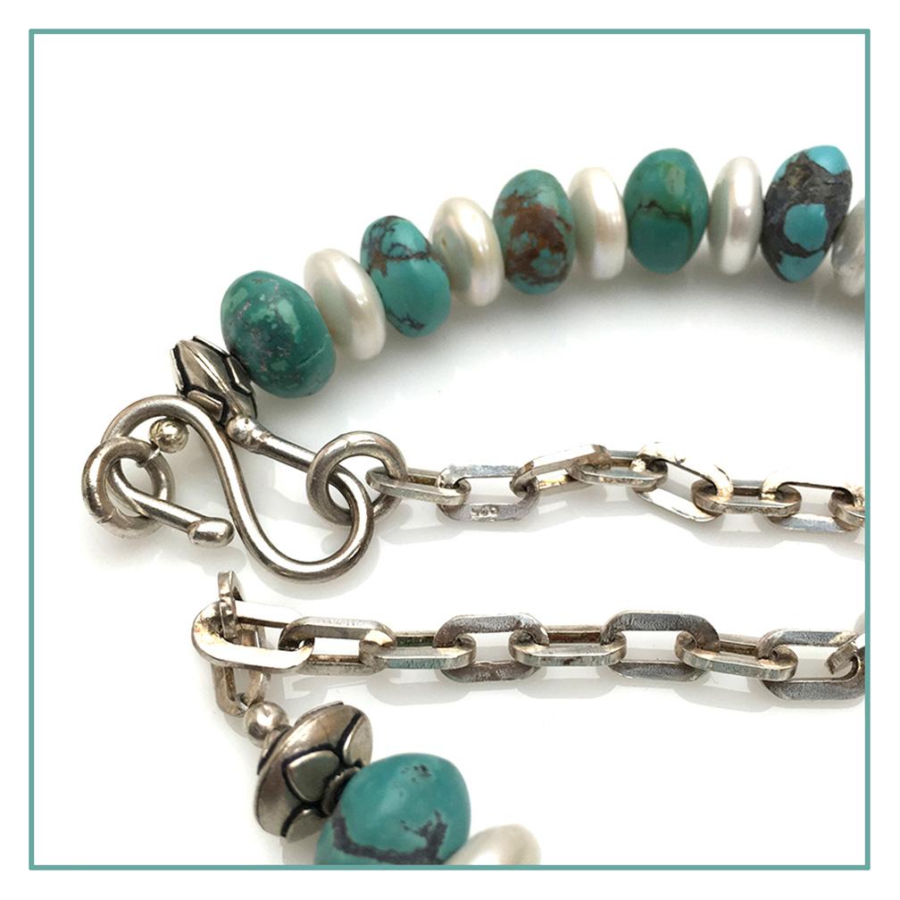 Modern Turquoise and Freshwater Pearl with Sterling Chain Necklace For Sale