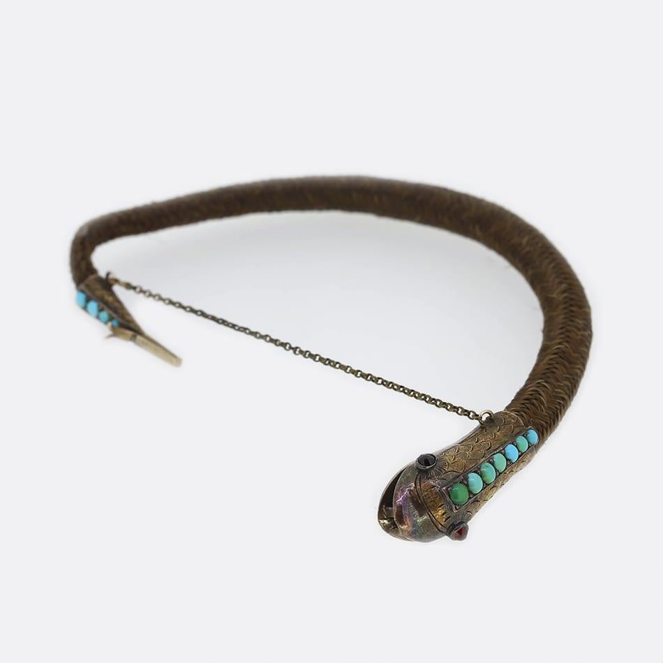 Bracelet de cheveu de deuil en serpent, turquoise et grenat Bon état - En vente à London, GB