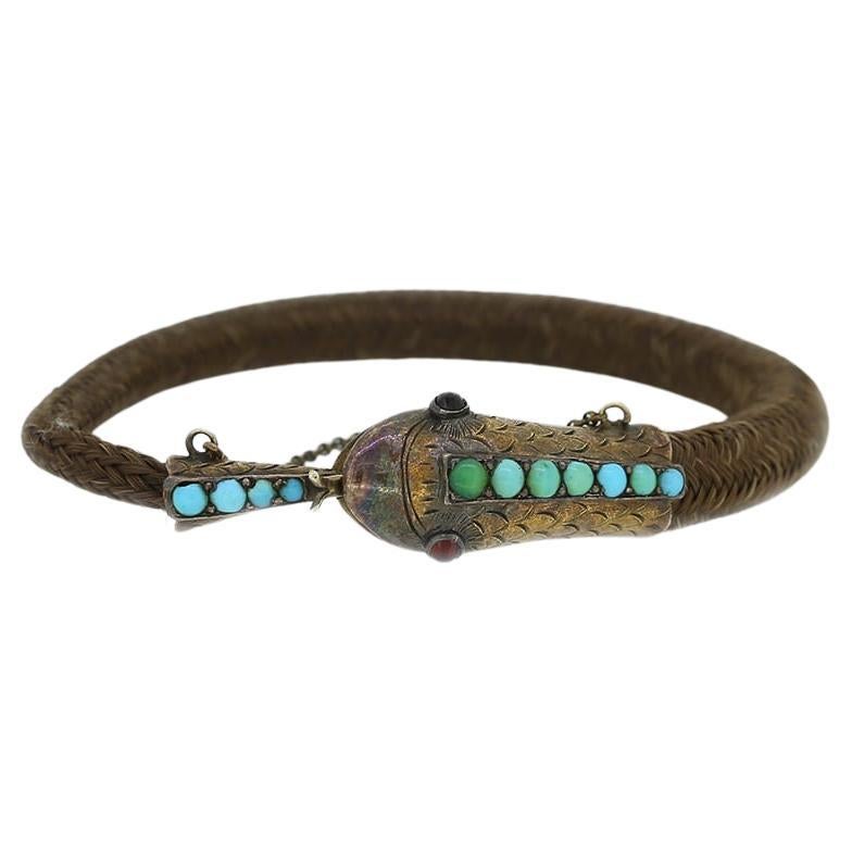 Bracelet de cheveu de deuil en serpent, turquoise et grenat en vente