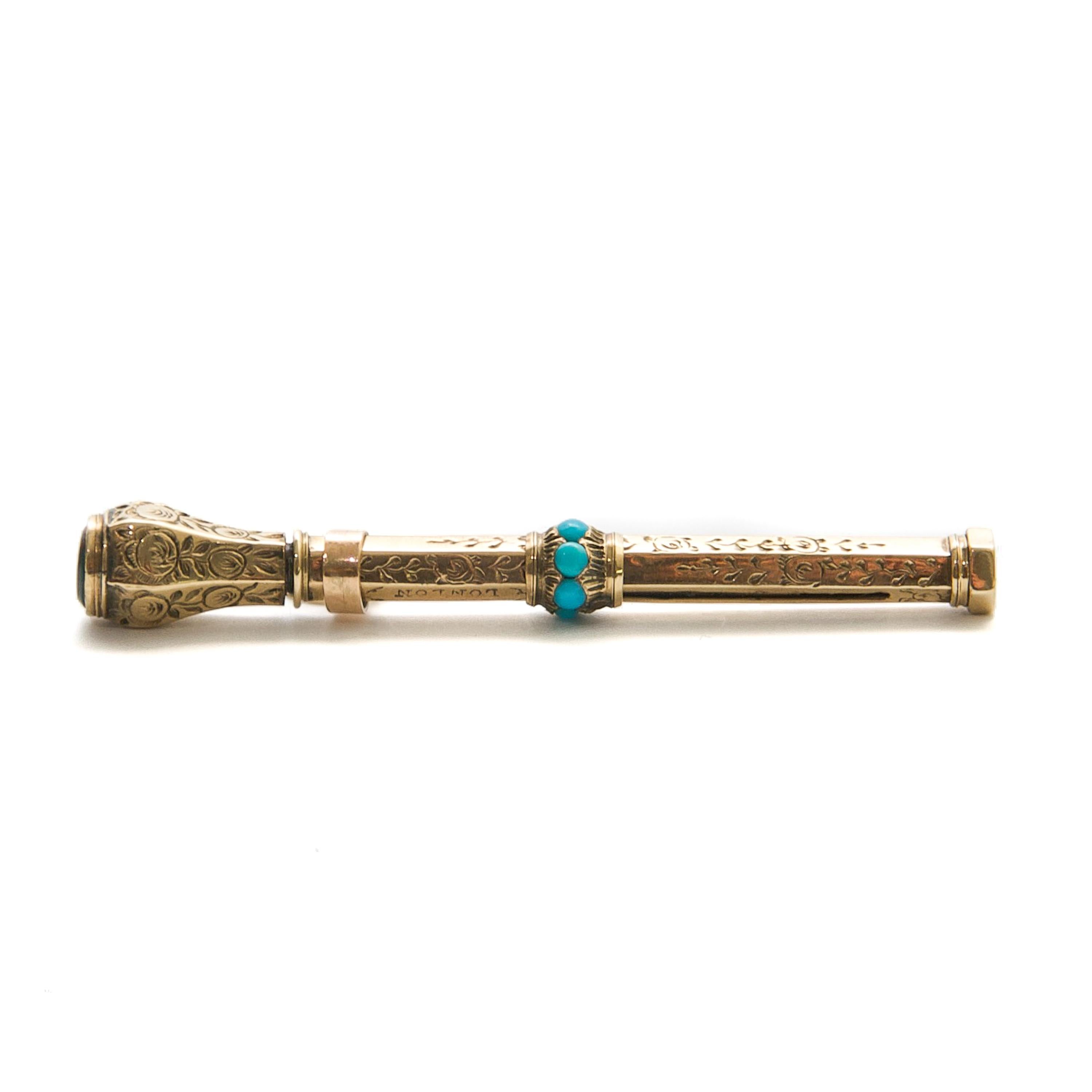 Cabochon Turquoise and Gold Antique Mechanical Pencil For Sale