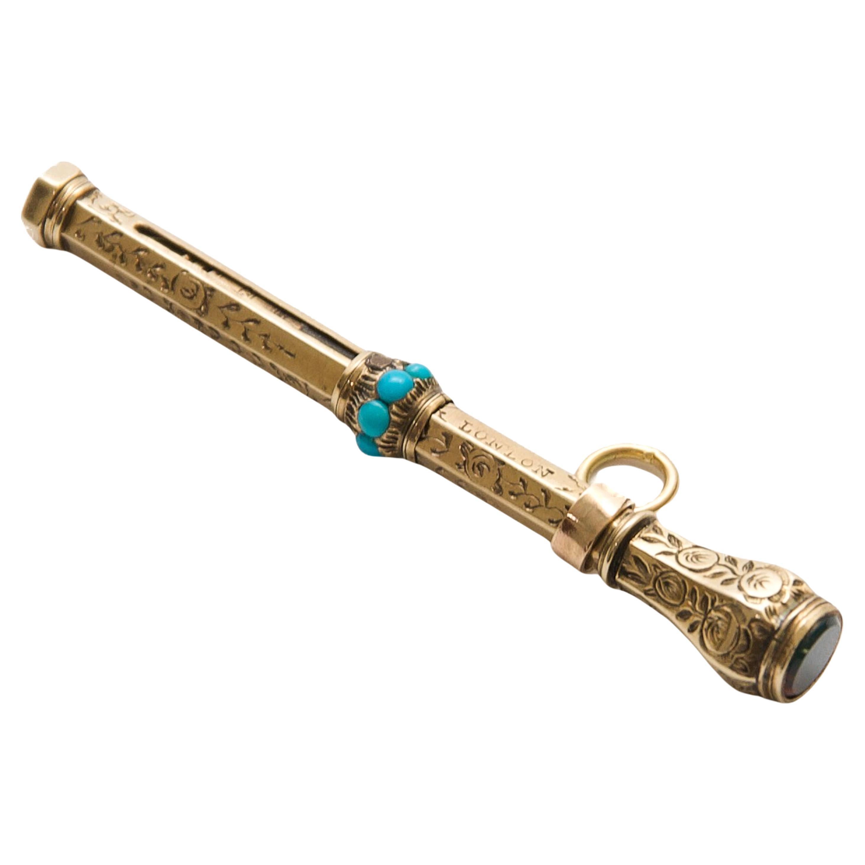 Turquoise and Gold Antique Mechanical Pencil For Sale