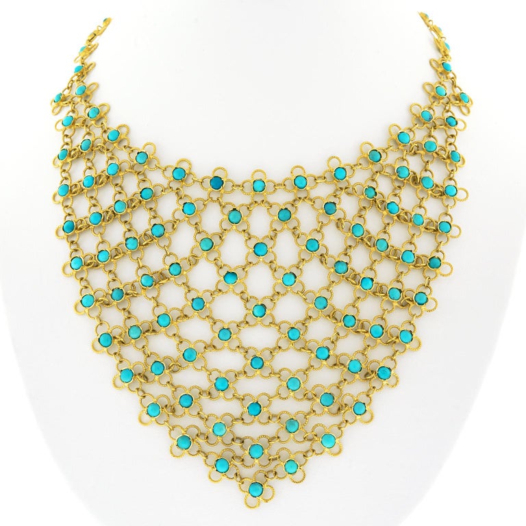 Turquoise Set Gold Scarf Necklace 18k c1960s For Sale at 1stdibs