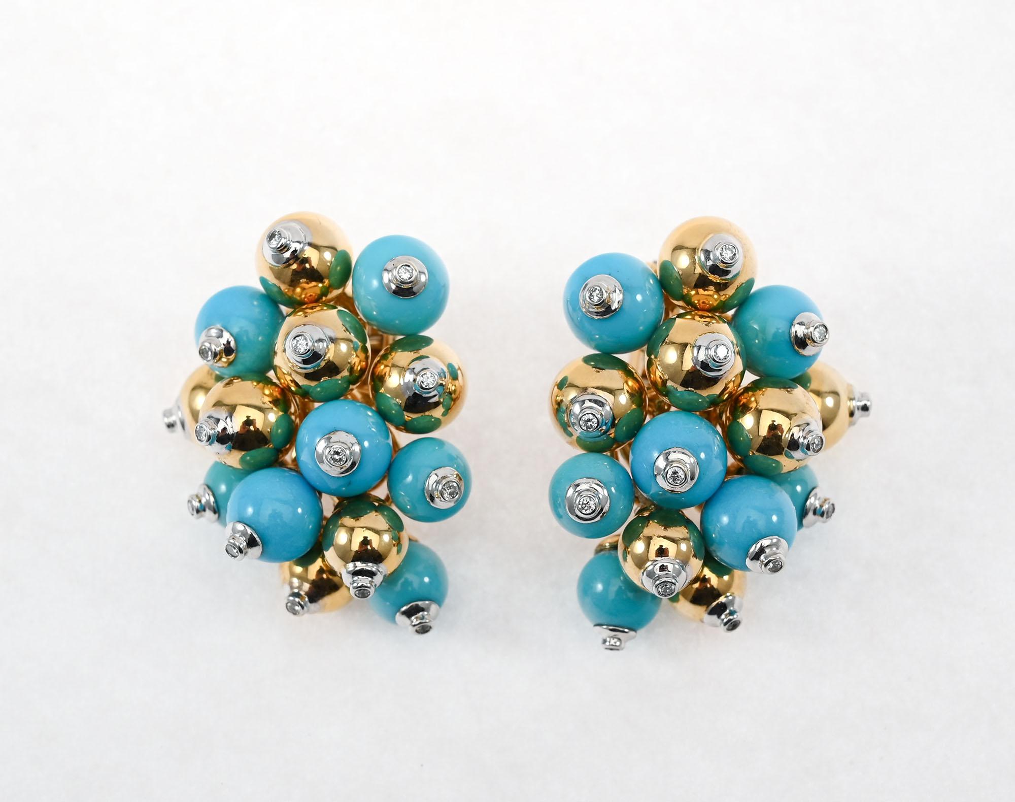 Striking cluster earrings consisting of 7gold balls alternating with the same number in natural turquoise. Each is tipped with a diamond for a hint of sparkle. The earrings measure 1 1/2