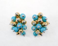 Turquoise and Gold Cluster Earrings