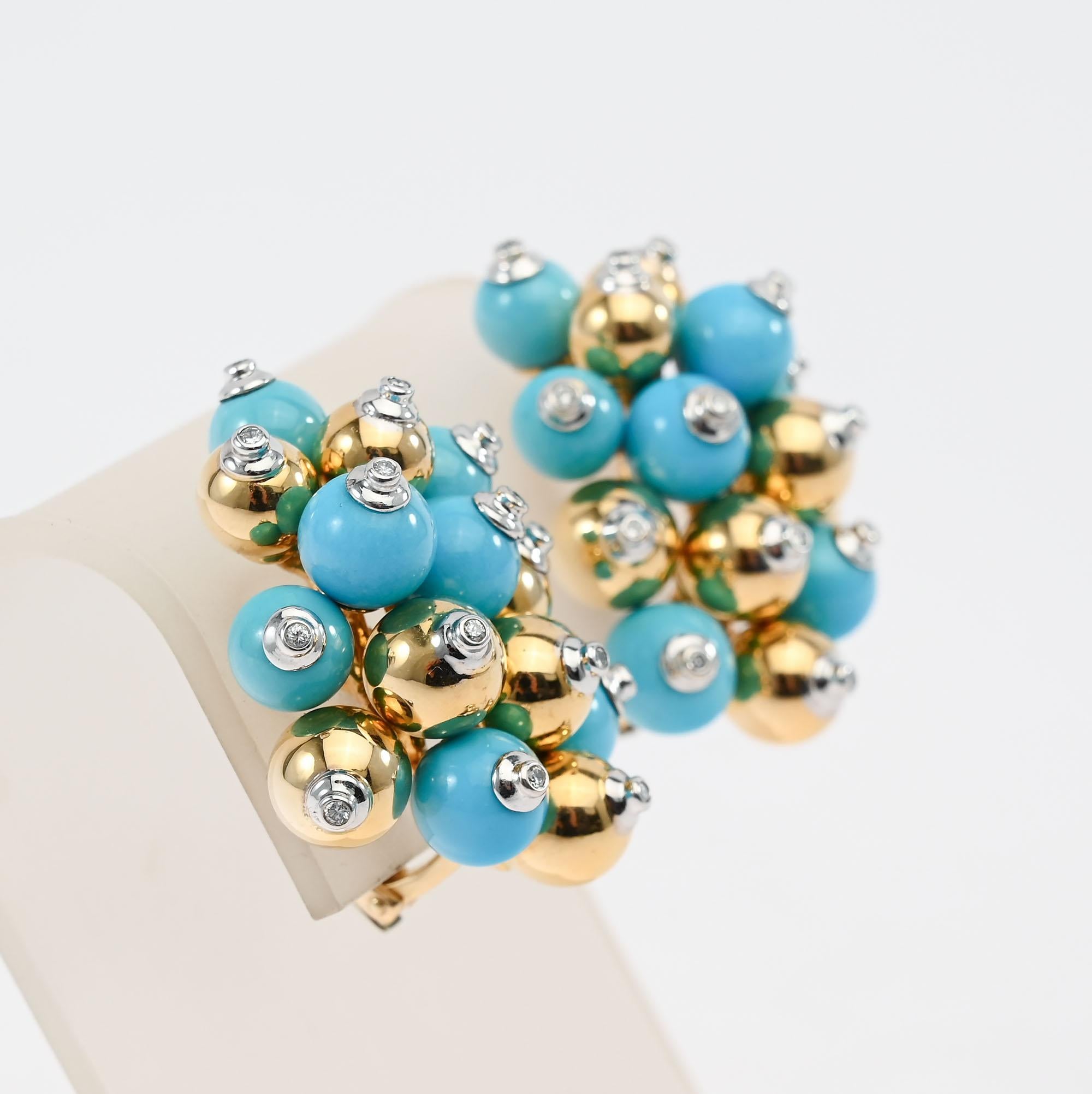 Contemporary Turquoise and Gold Cluster Earrings For Sale