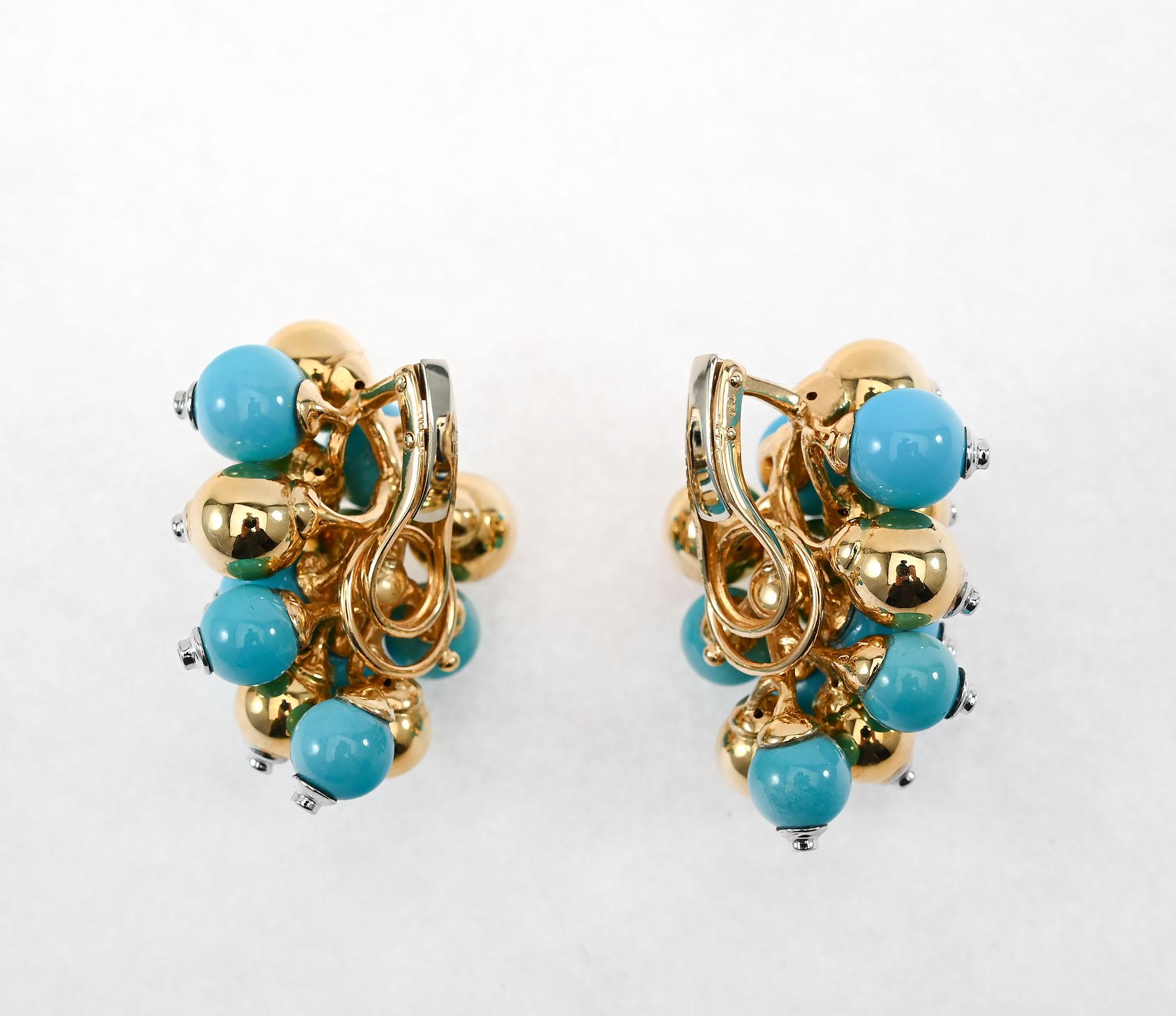 Cabochon Turquoise and Gold Cluster Earrings For Sale