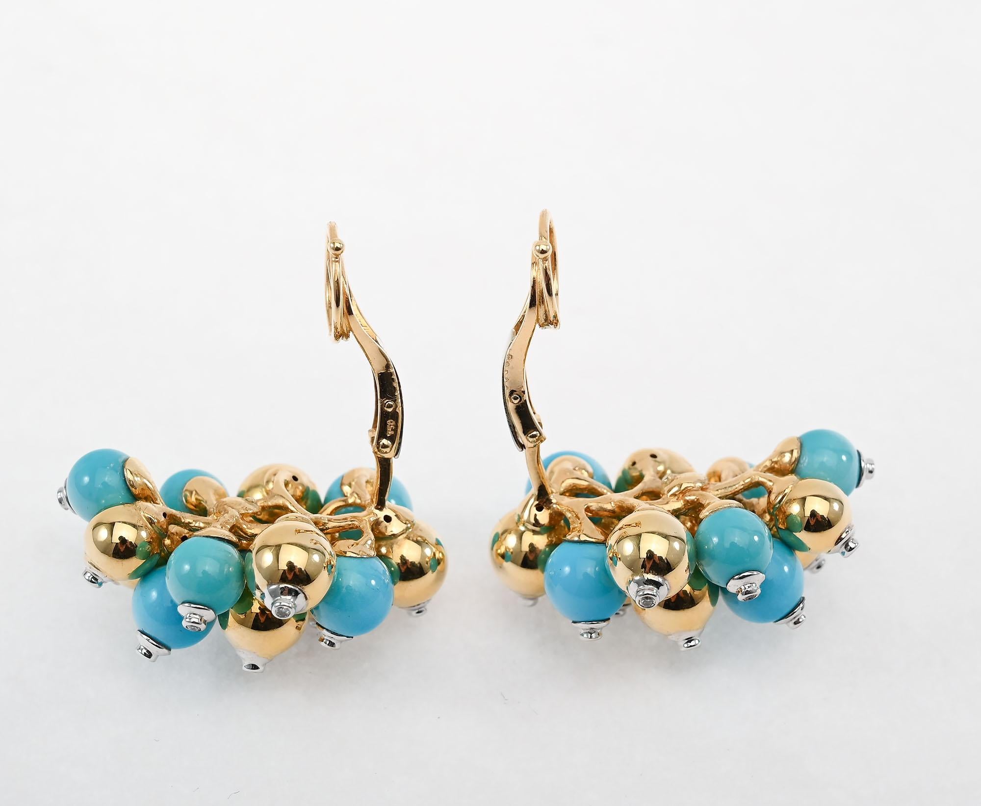 Turquoise and Gold Cluster Earrings In New Condition For Sale In Darnestown, MD