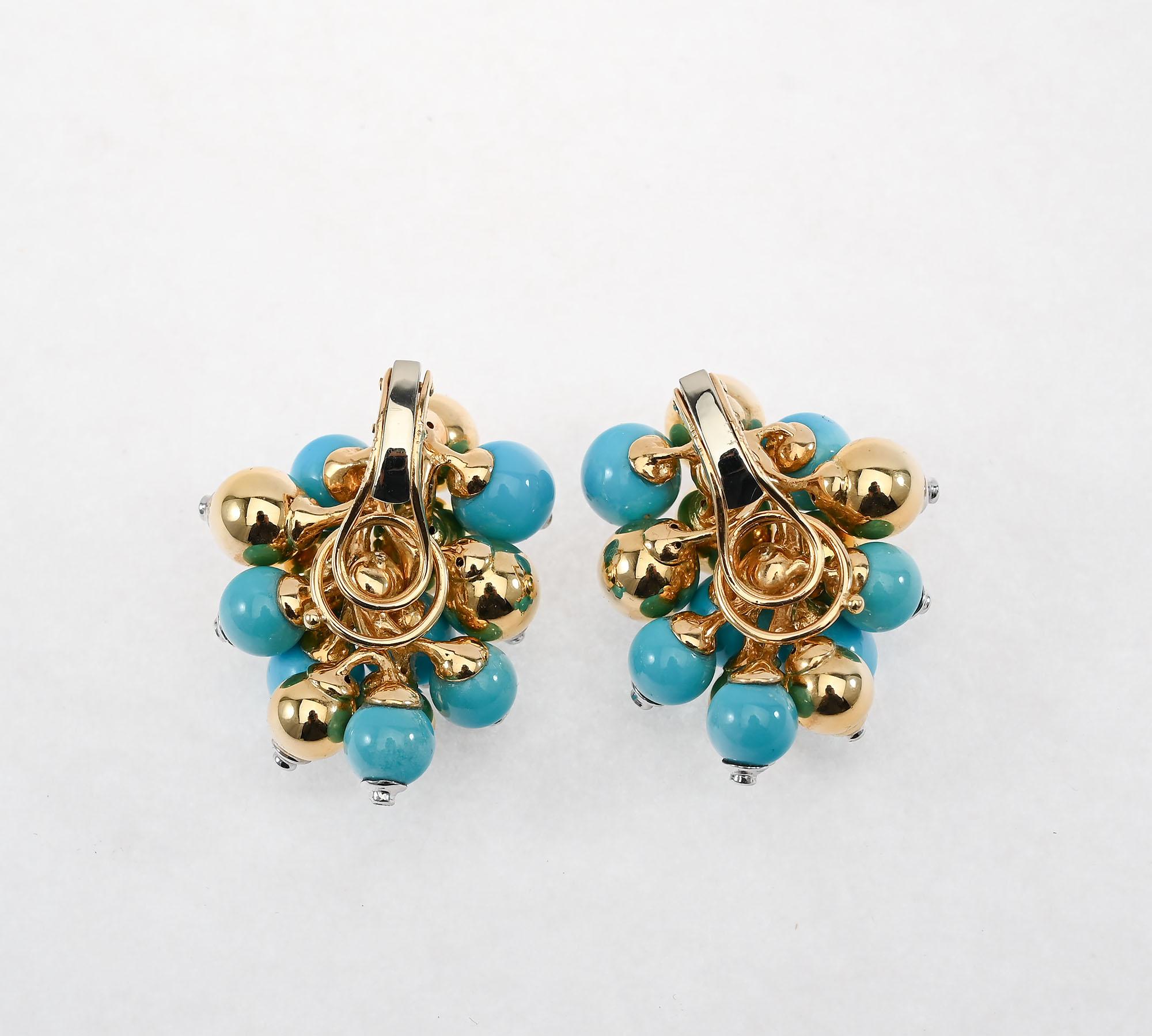 Women's or Men's Turquoise and Gold Cluster Earrings For Sale
