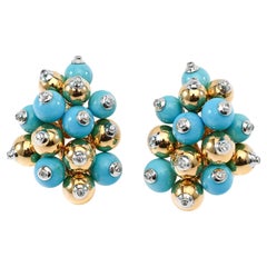 Turquoise and Gold Cluster Earrings